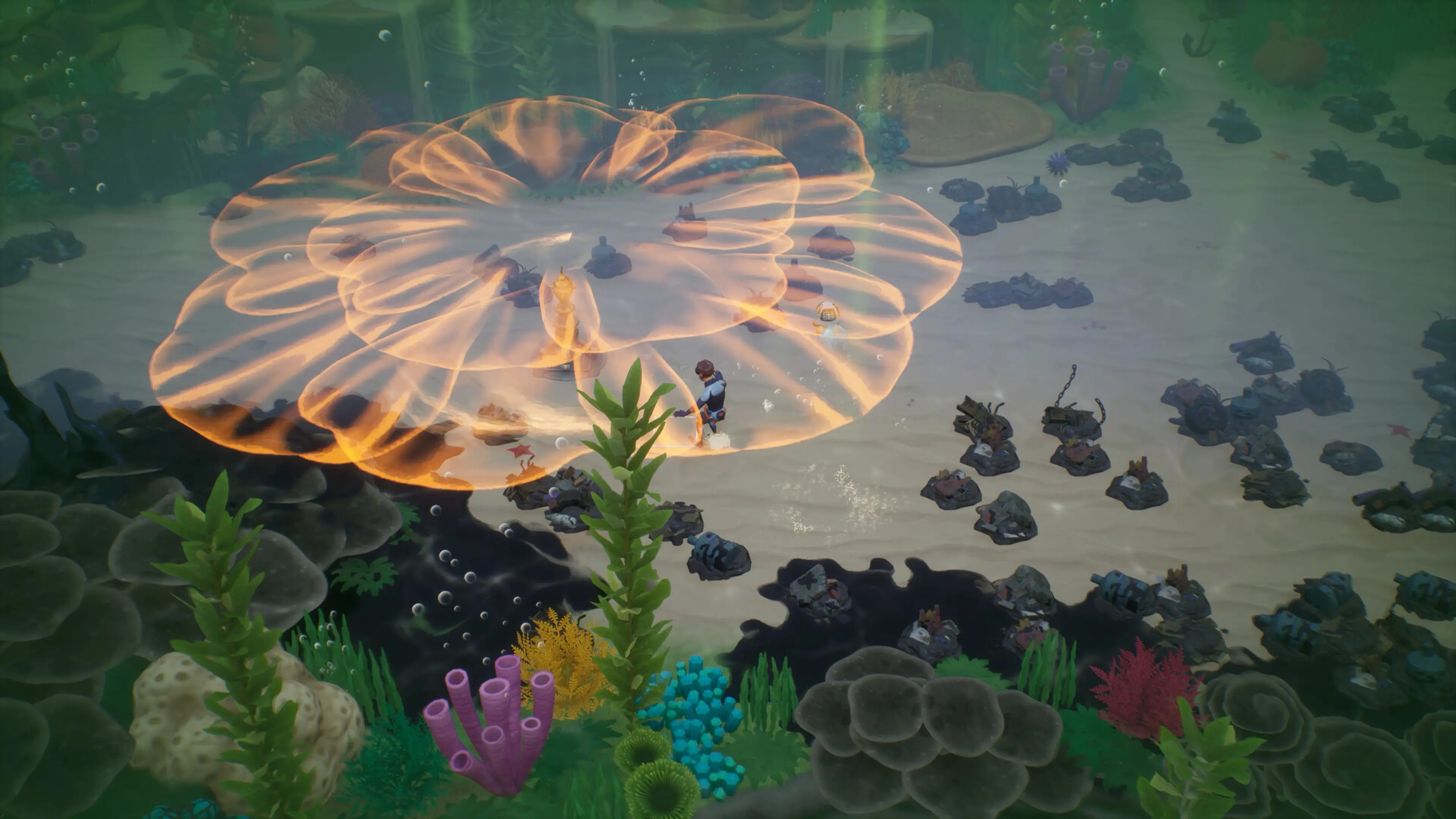 A diver activating a glowing device among damaged coral reefs in Coral Island.