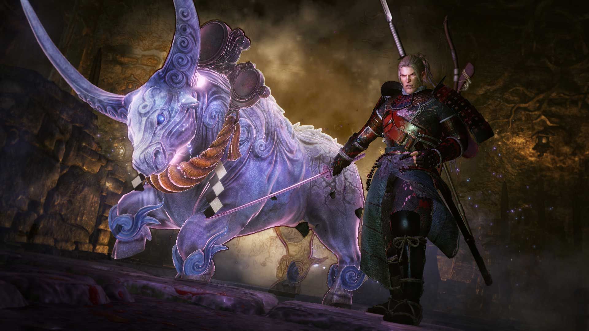 William stands beside a glowing purple bull-shaped spirit in a dim stone area.