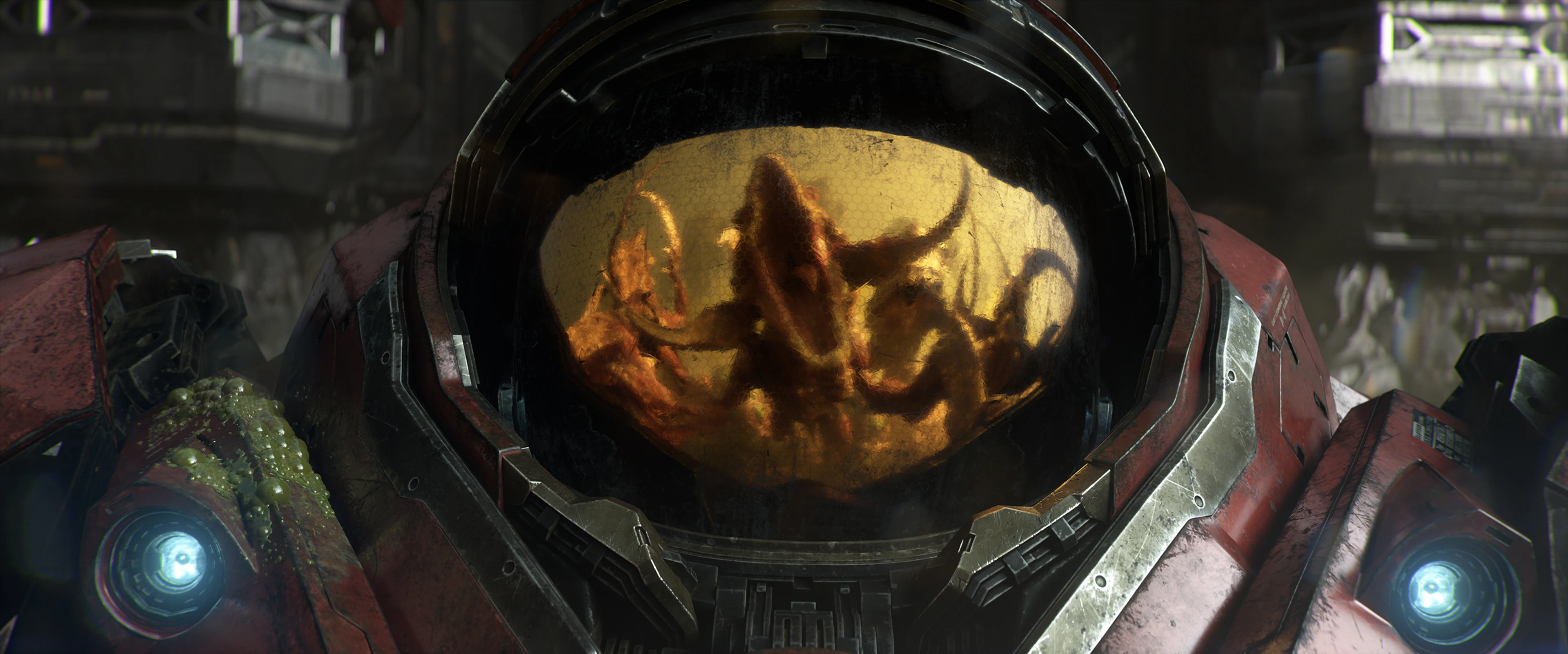 A red-armored Dominion marine faces forward with a Zerg creature reflected in the helmet visor.