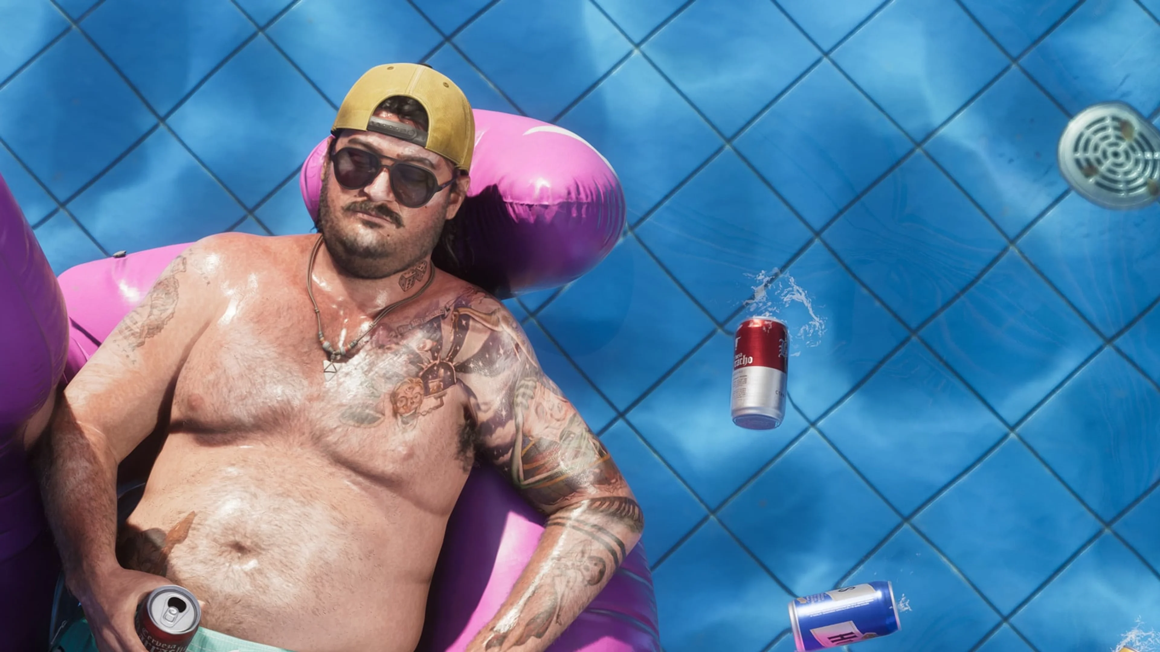 A man relaxes in a pool in official Grand Theft Auto VI artwork.