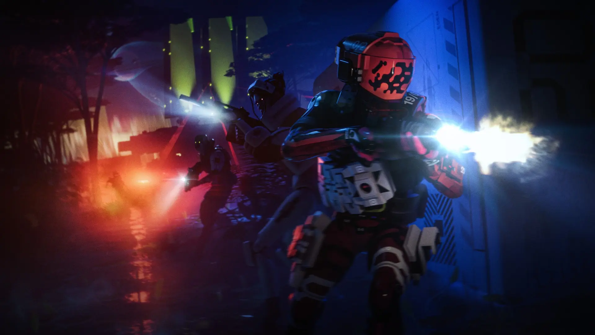 Three armored Marathon Runners advance through Night Marsh under blue and red lights.
