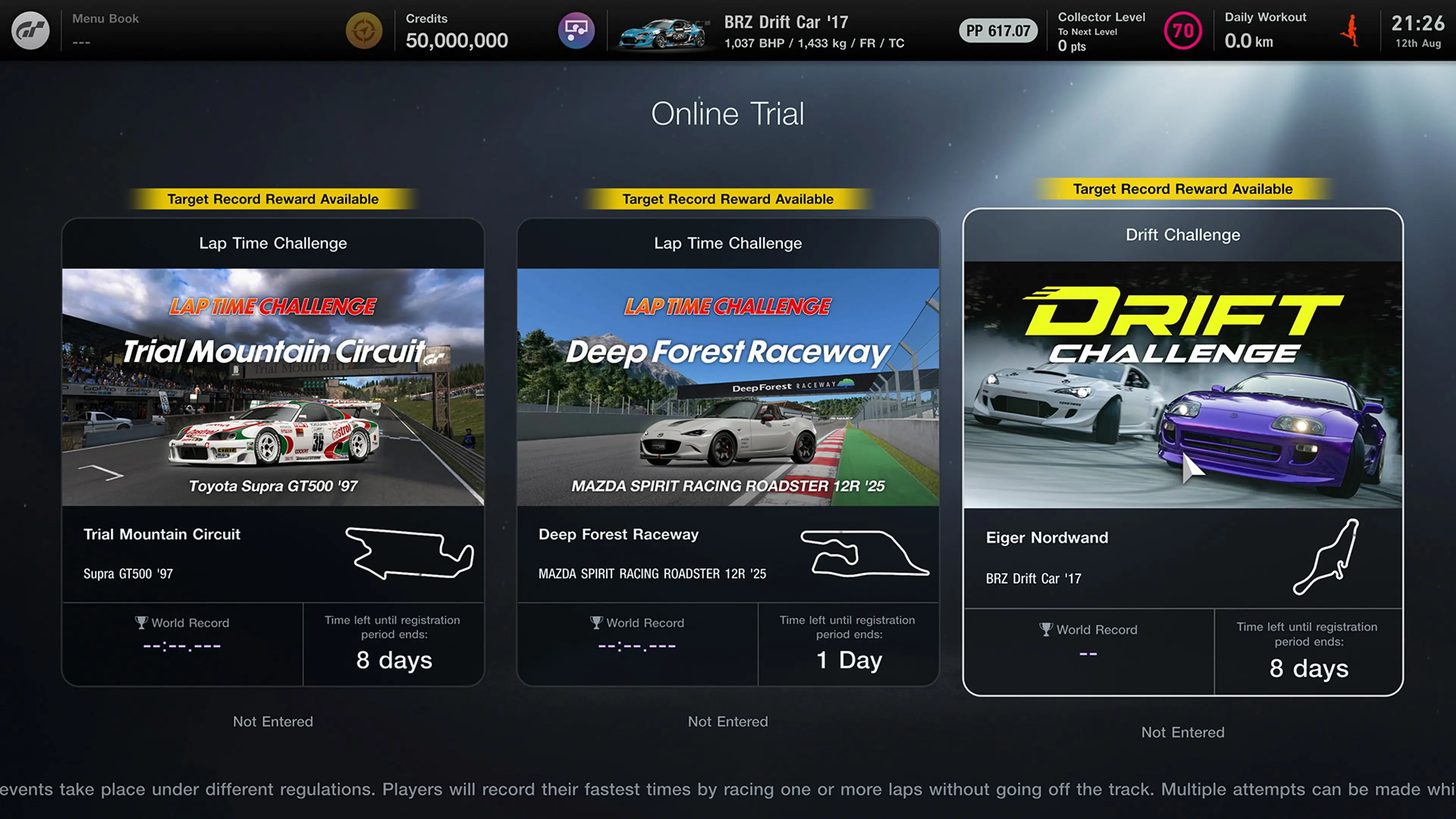 The Gran Turismo 7 Online Trial menu displays a Drift Challenge beside lap-time events.