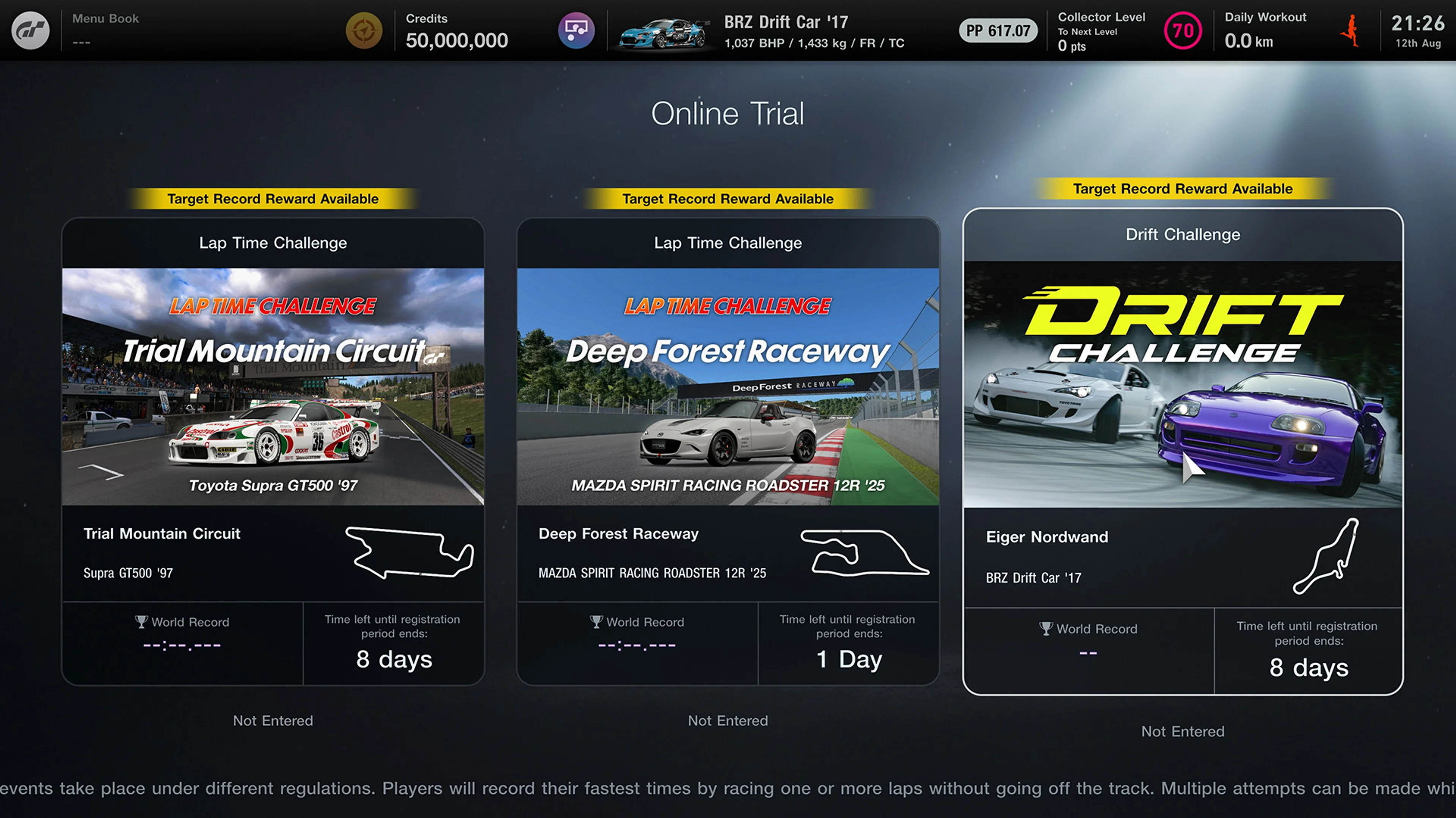 The Gran Turismo 7 Online Trial menu displays a Drift Challenge beside lap-time events.