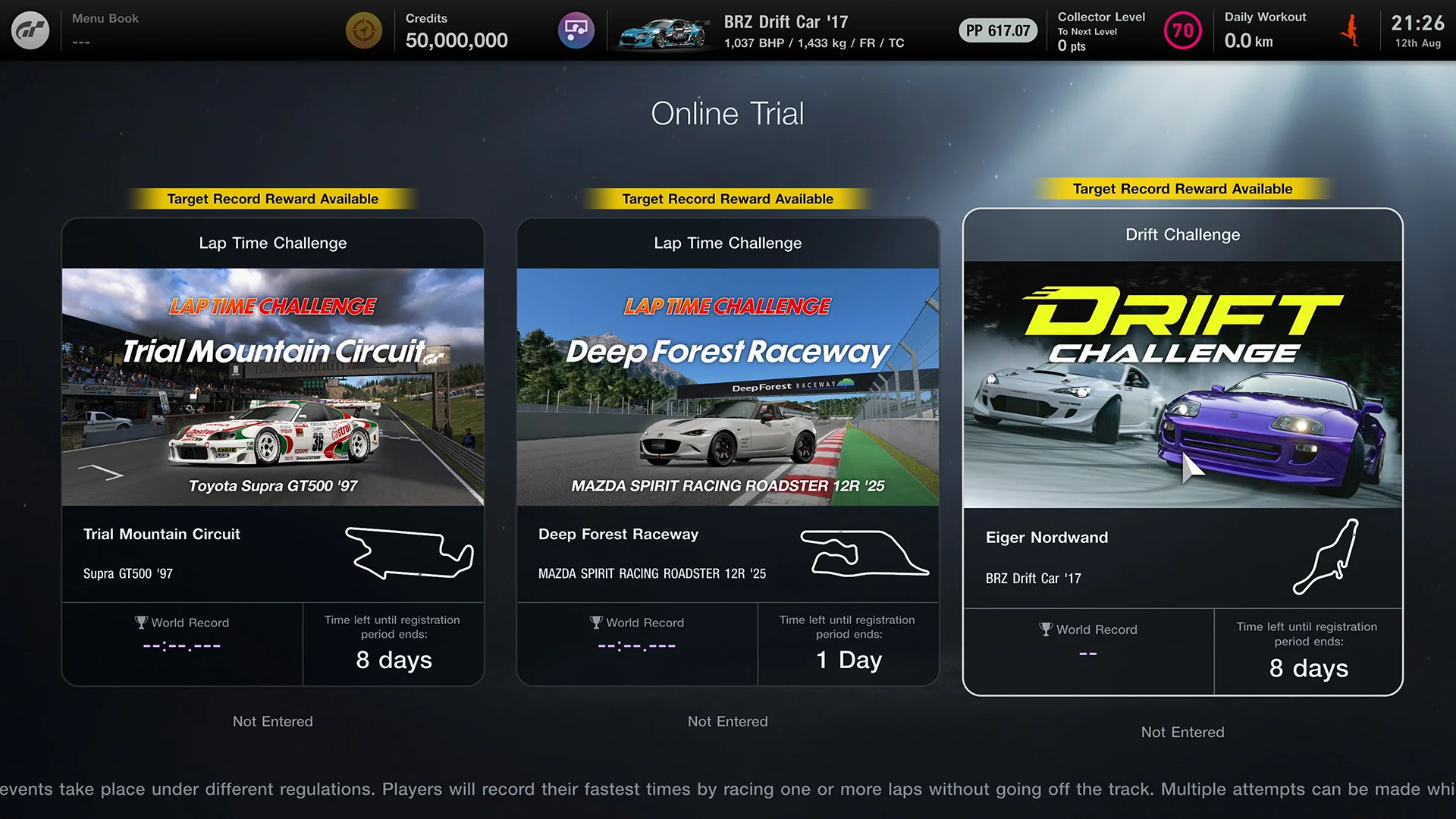 The Gran Turismo 7 Online Trial menu displays a Drift Challenge beside lap-time events.