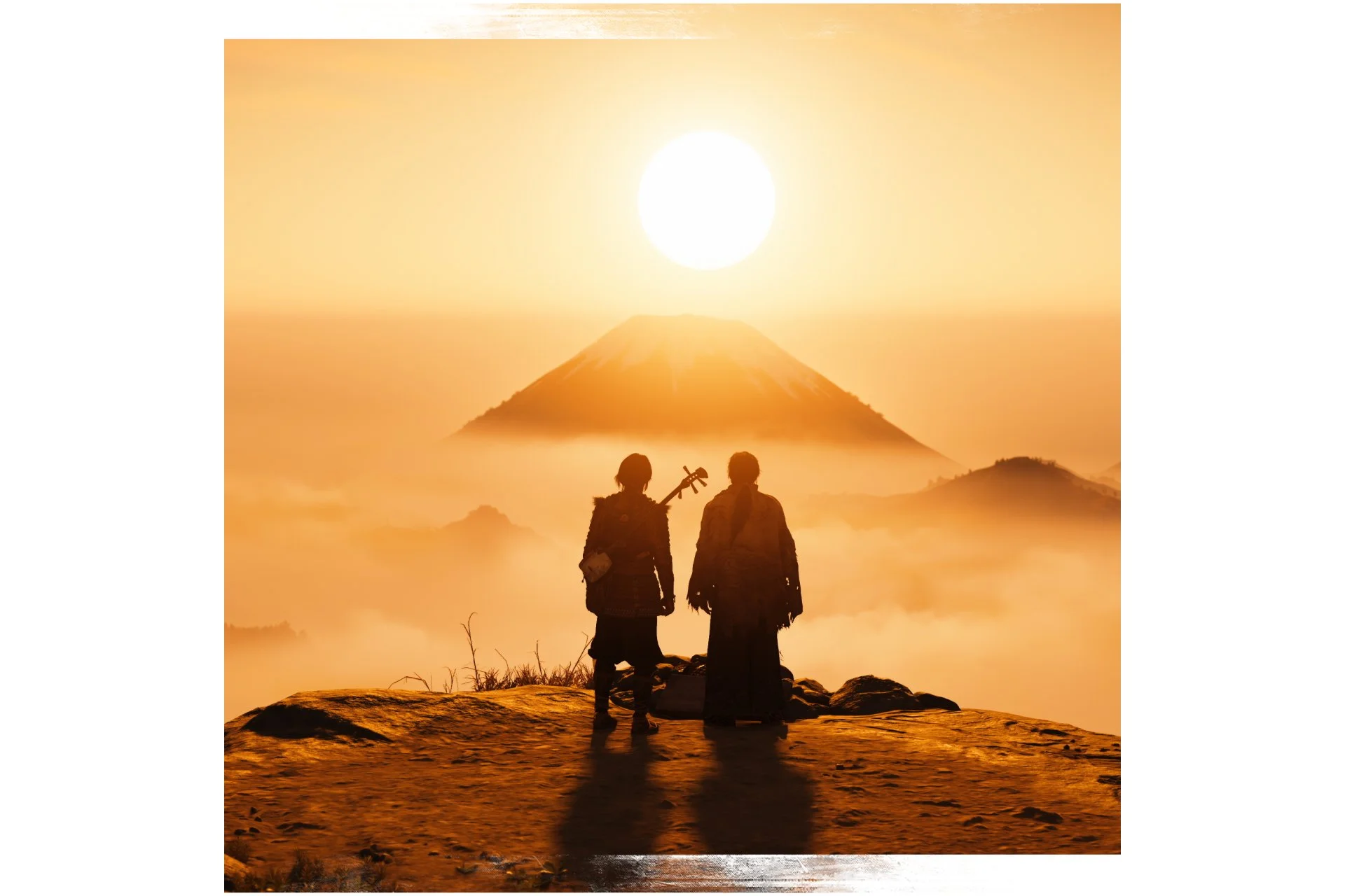 Two figures stand on a ridge facing the sun above Mount Yōtei.