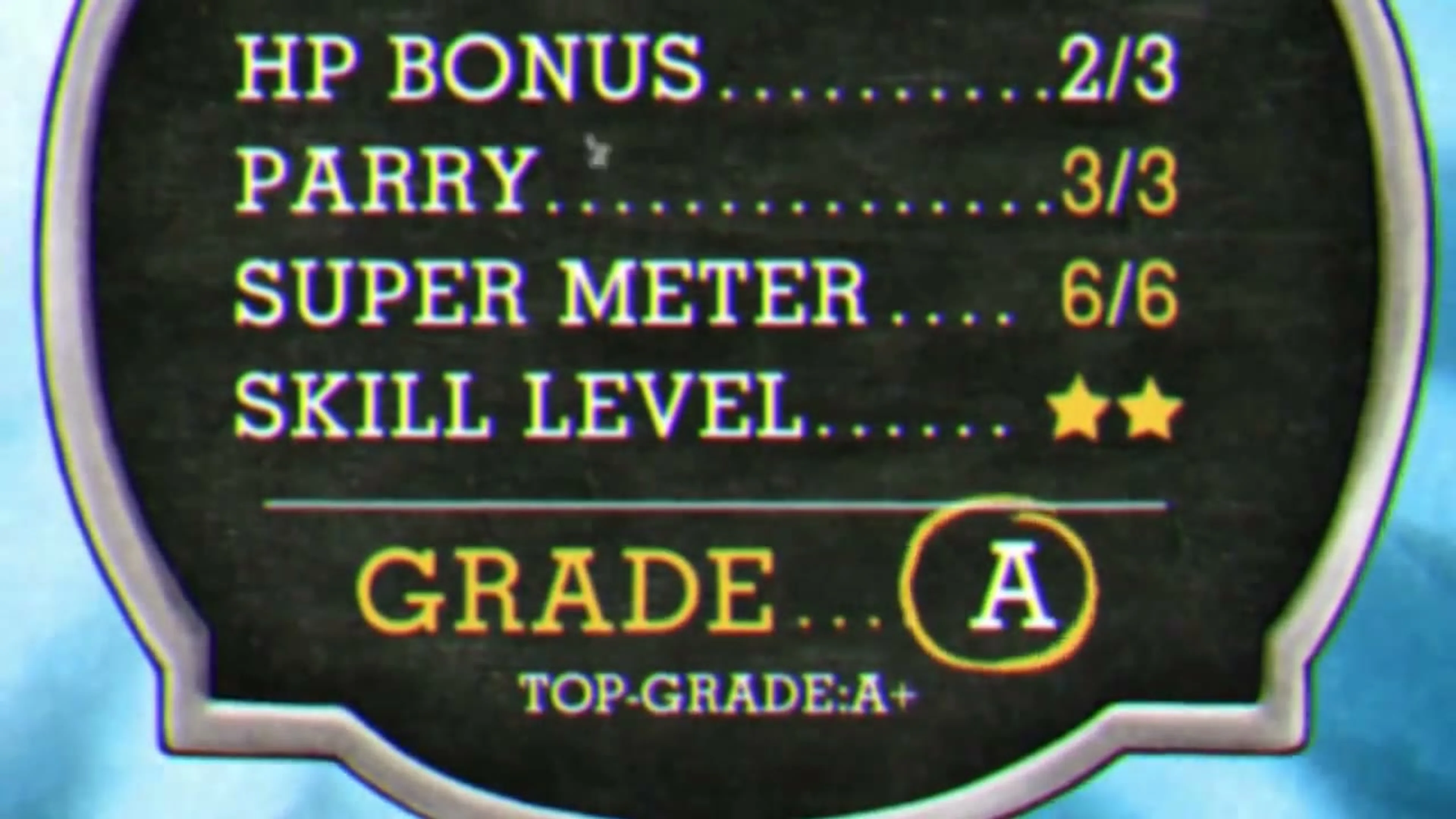 A Cuphead stage results card lists HP Bonus, Parry, Super Meter, Skill Level and an A grade.