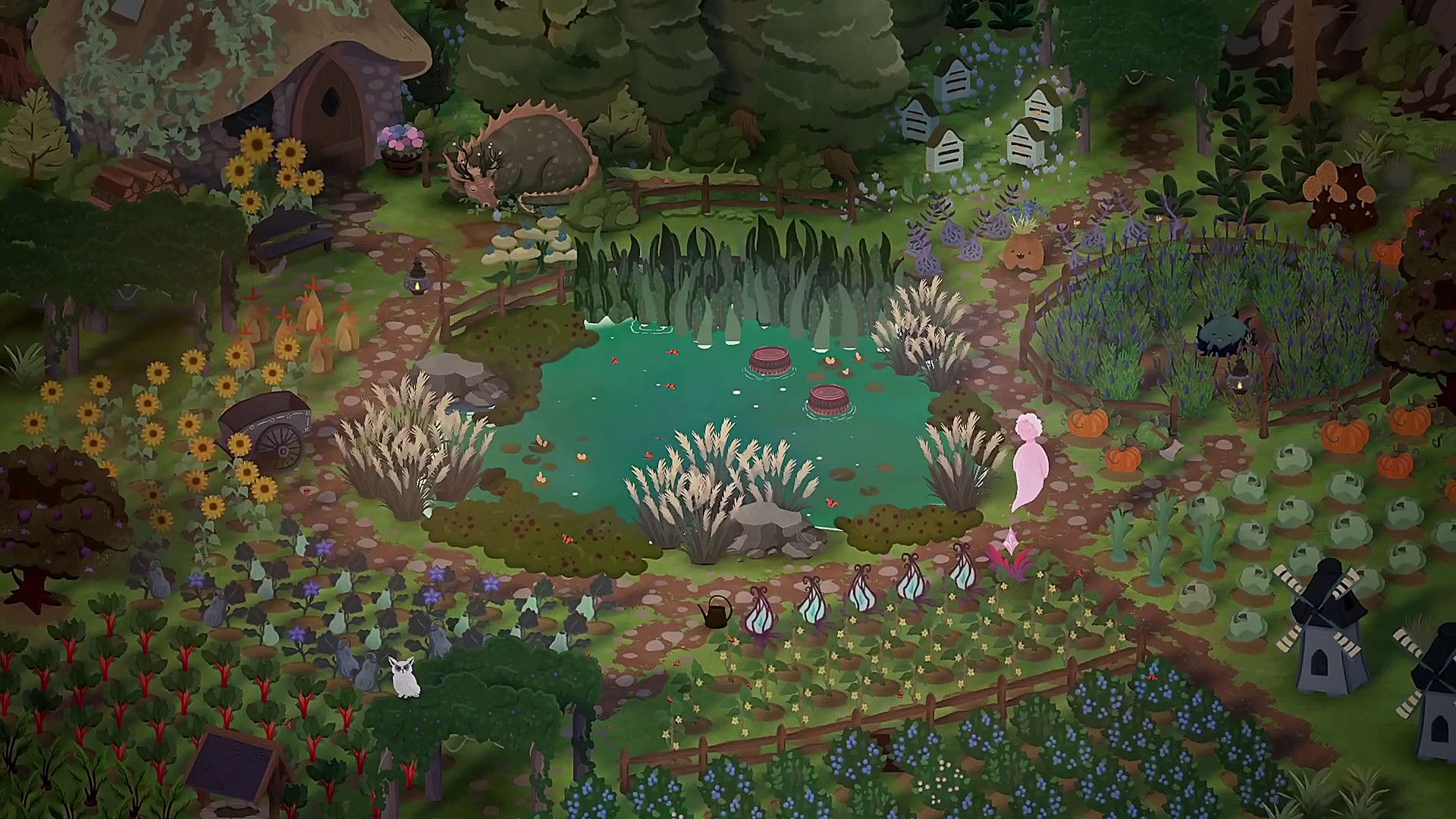 An overhead view of the colorful university garden in Songs of Glimmerwick.