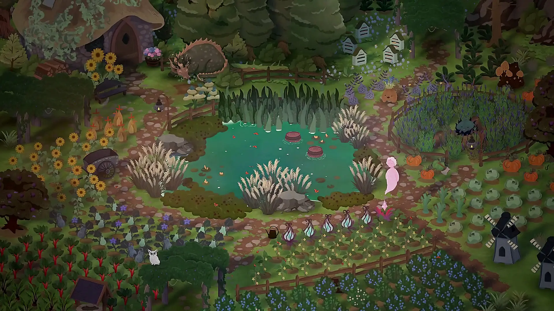 An overhead view of the colorful university garden in Songs of Glimmerwick.