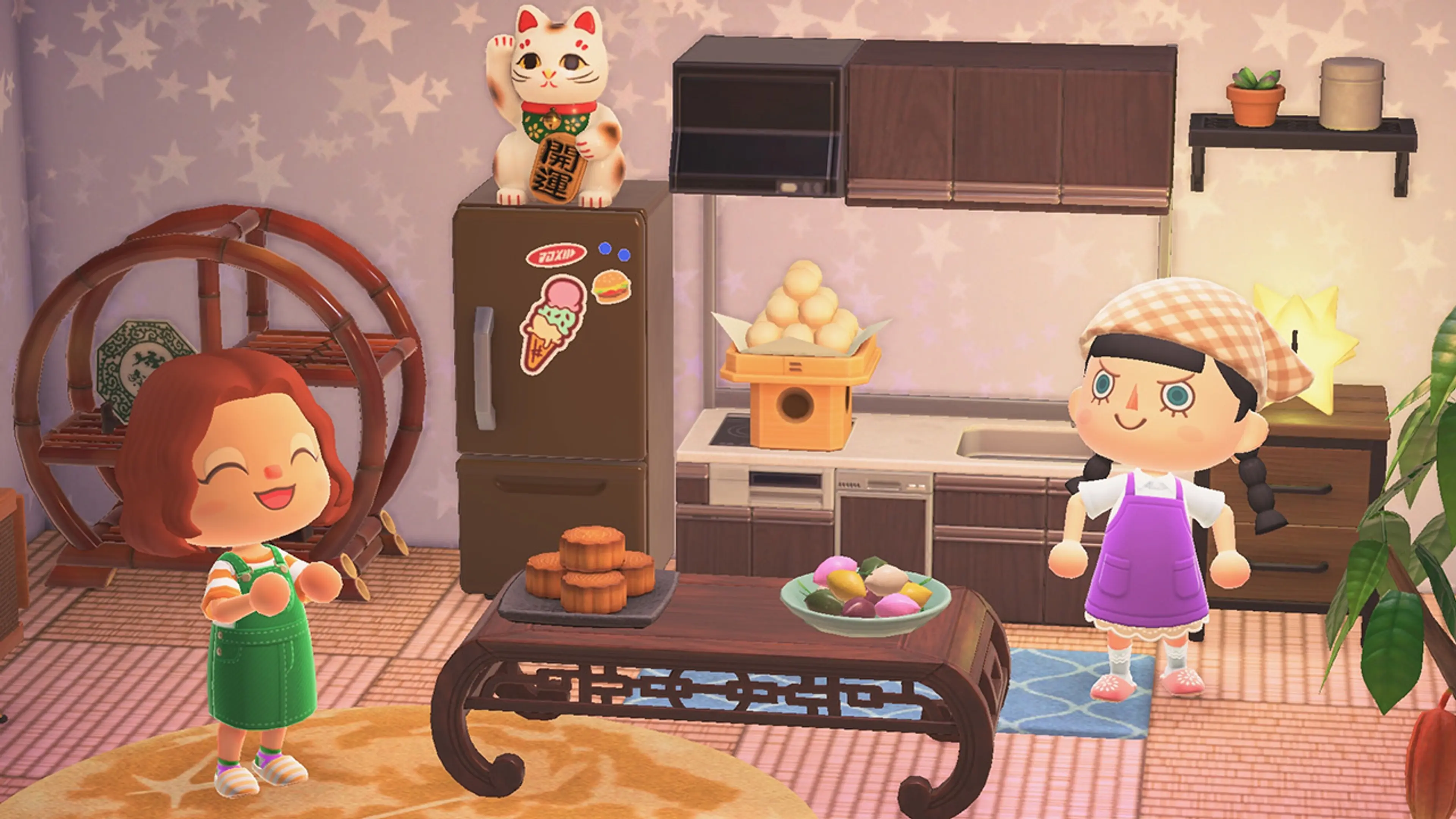 Two Animal Crossing residents inside a decorated kitchen and dining room.