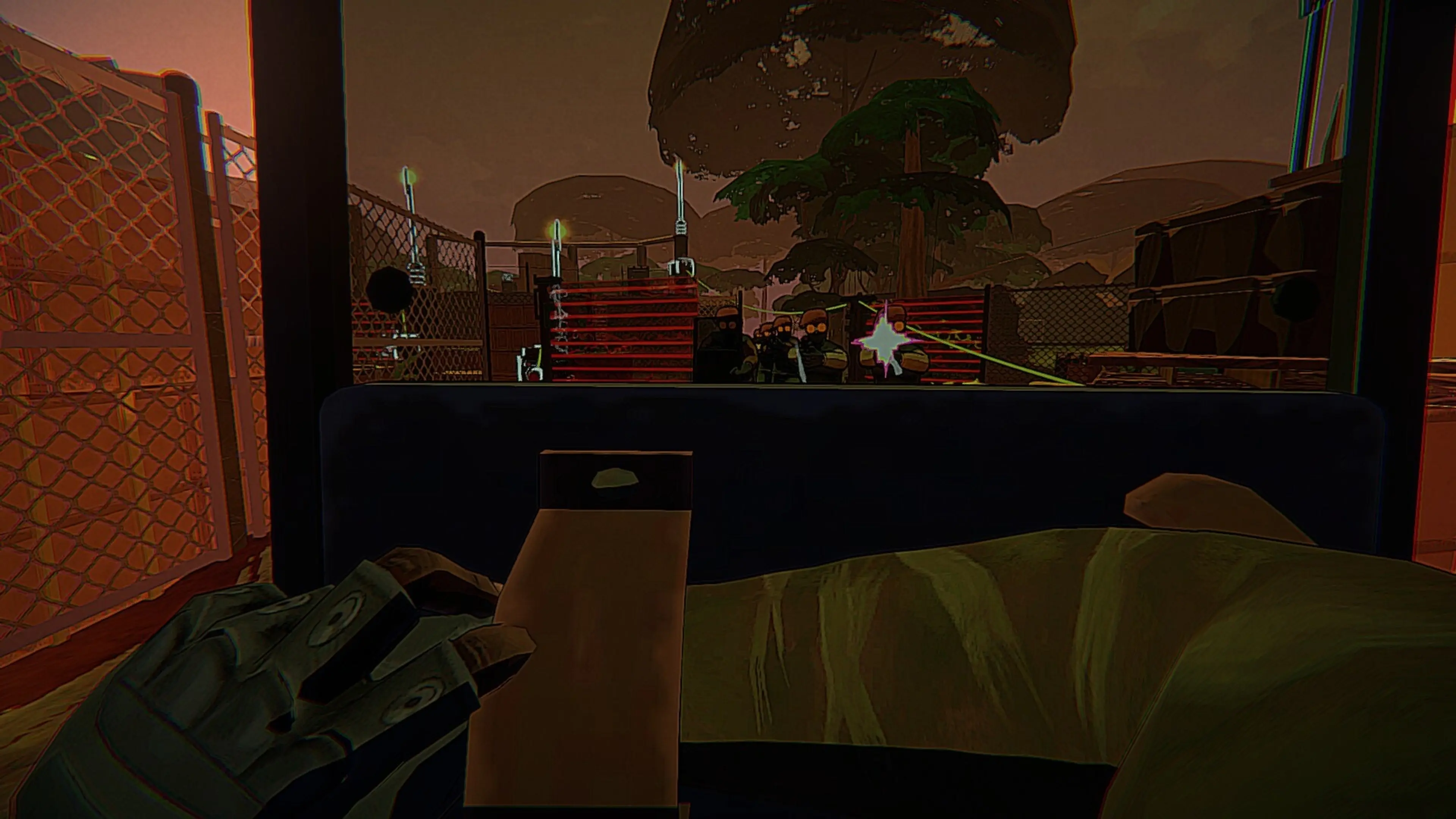 Alphonse Harding aims from low cover across a guarded compound during a Quitting Time firefight.