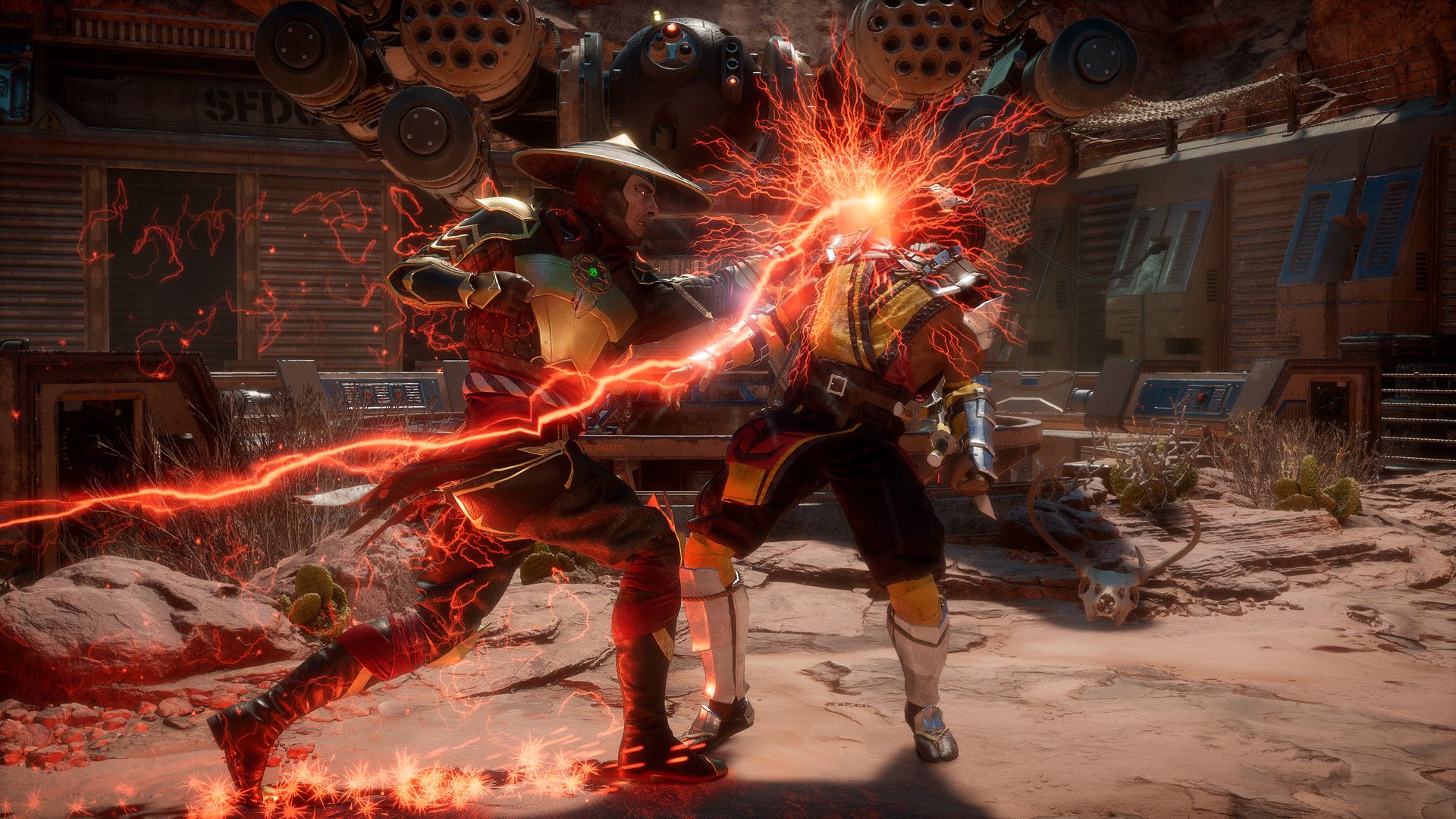 Two fighters meet at close range in an industrial Mortal Kombat 11 arena.