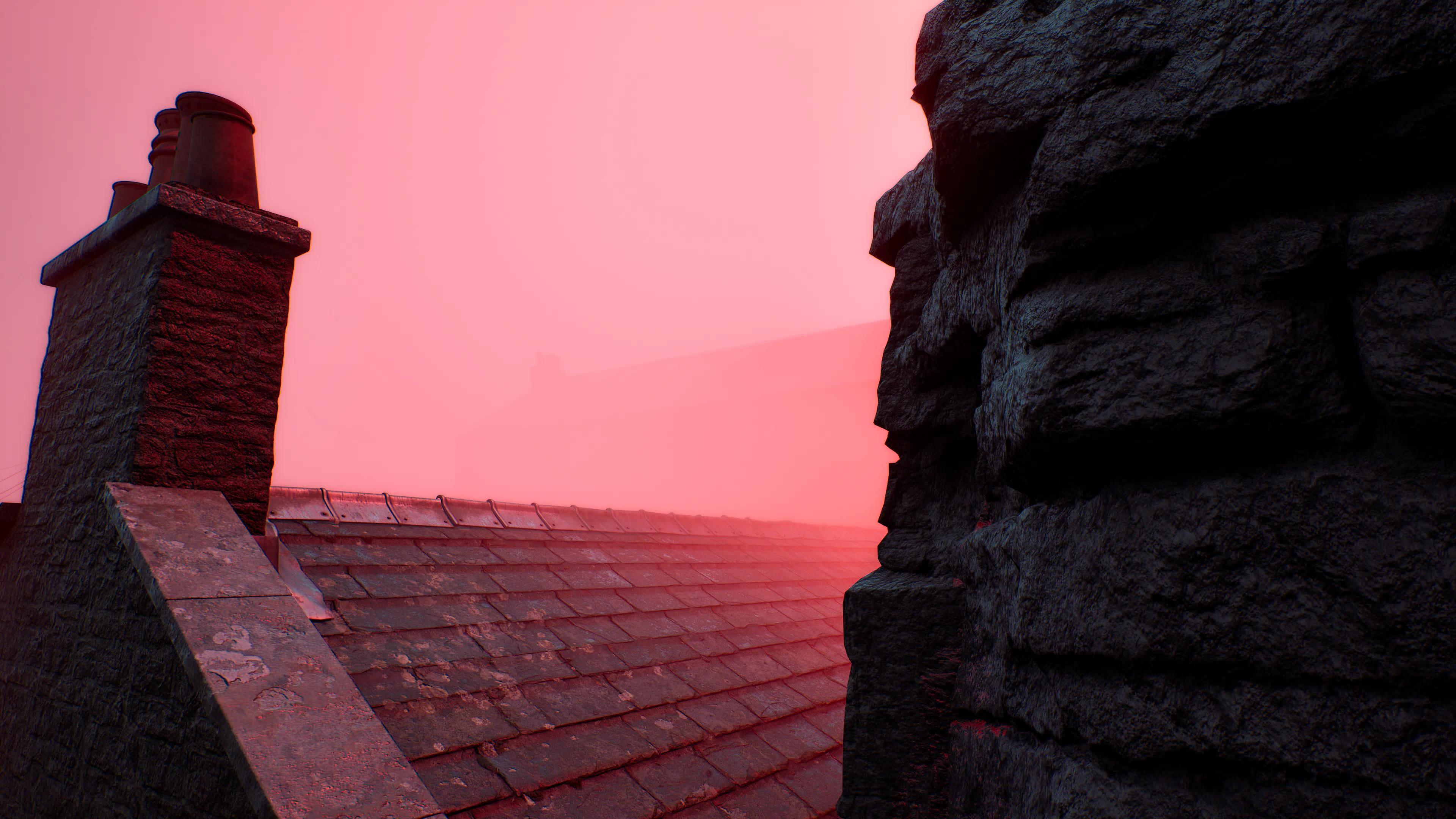 A player’s Silent Hill: Townfall screenshot shows a red rooftop under a pink sky.