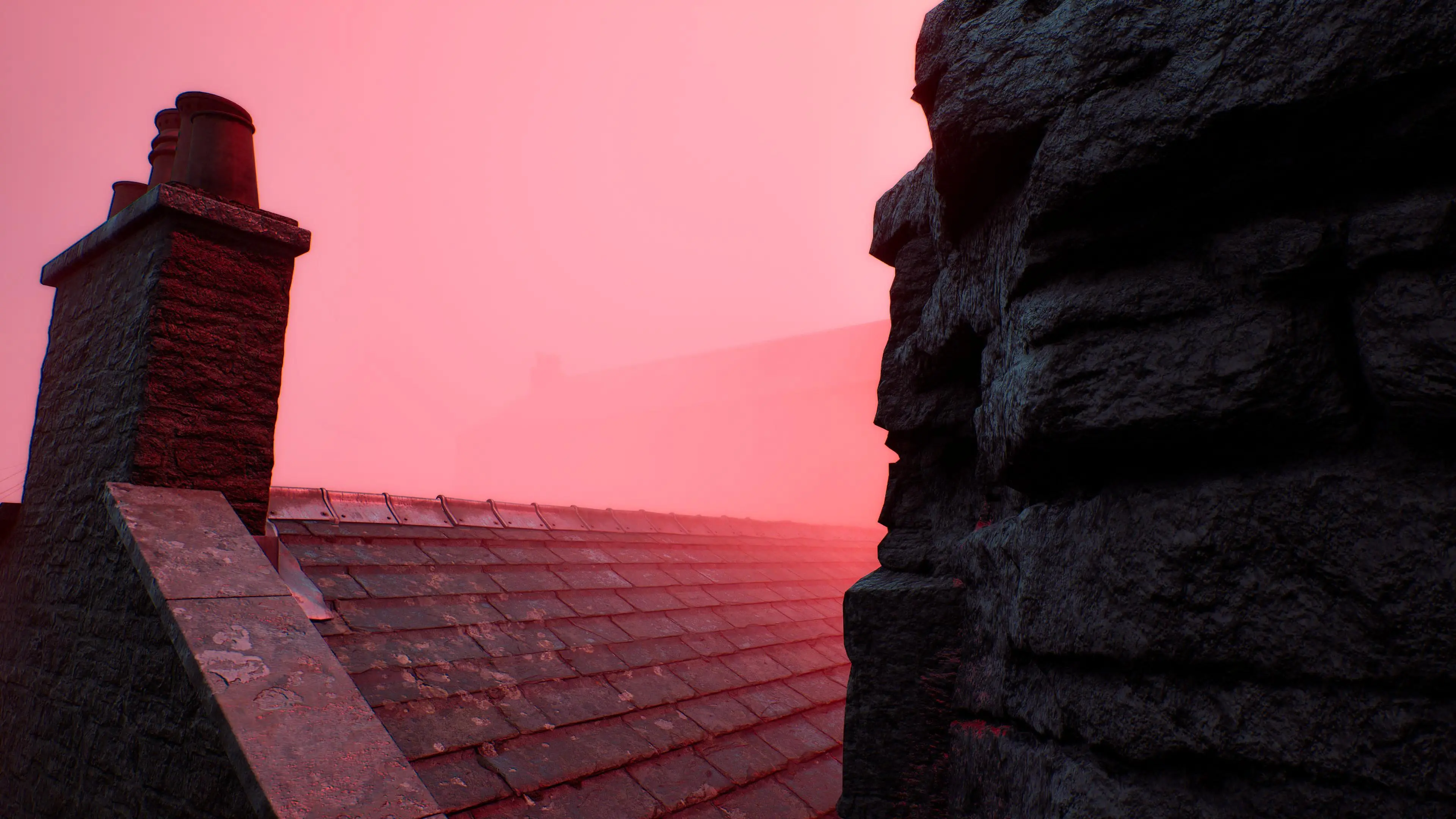 A player’s Silent Hill: Townfall screenshot shows a red rooftop under a pink sky.