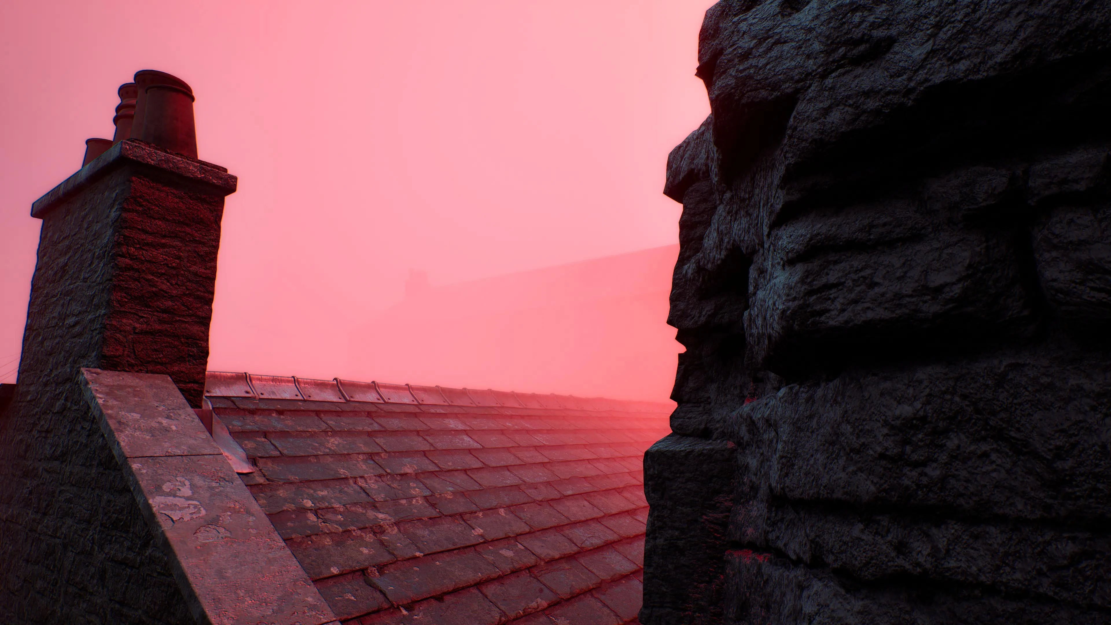 A player’s Silent Hill: Townfall screenshot shows a red rooftop under a pink sky.