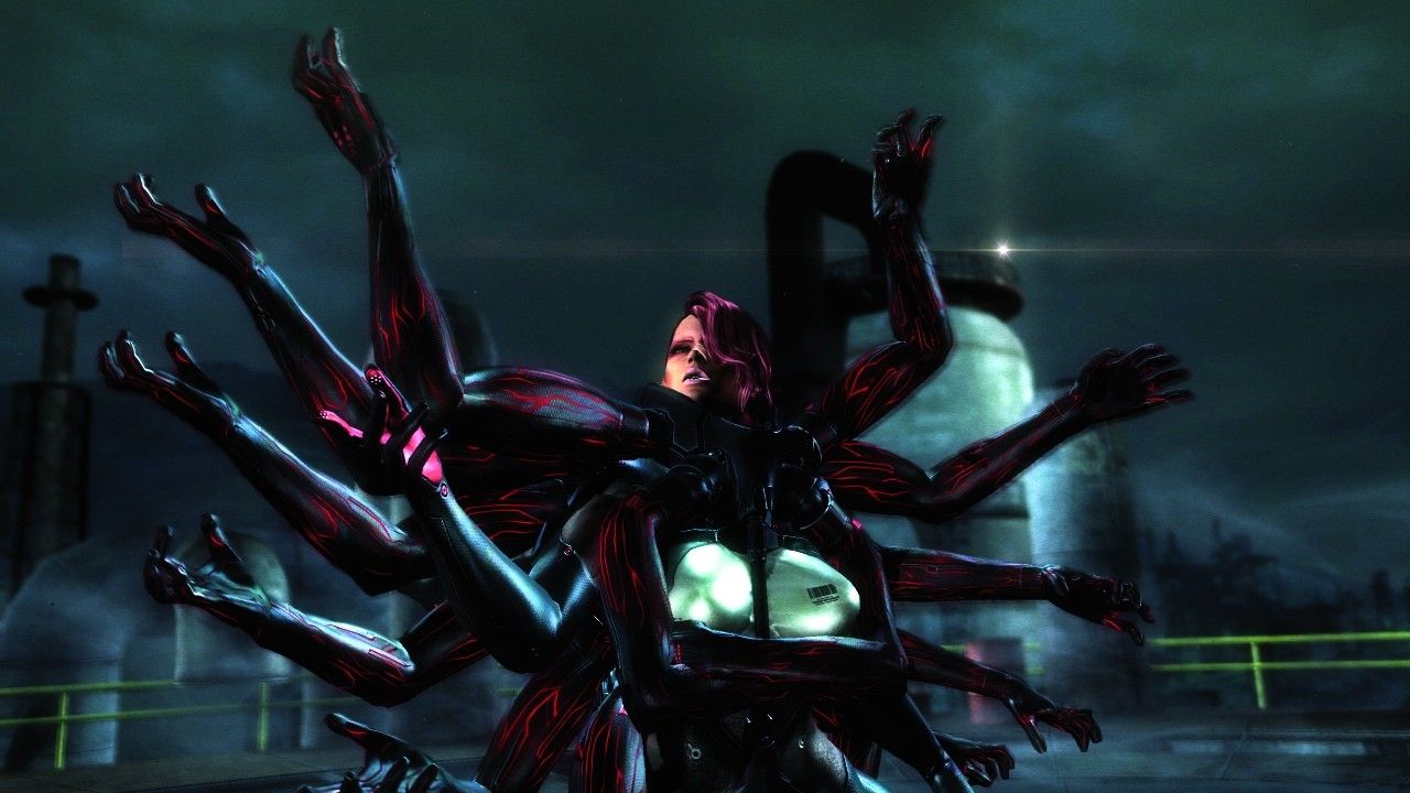 A cyborg enemy extends many arms across an industrial platform.