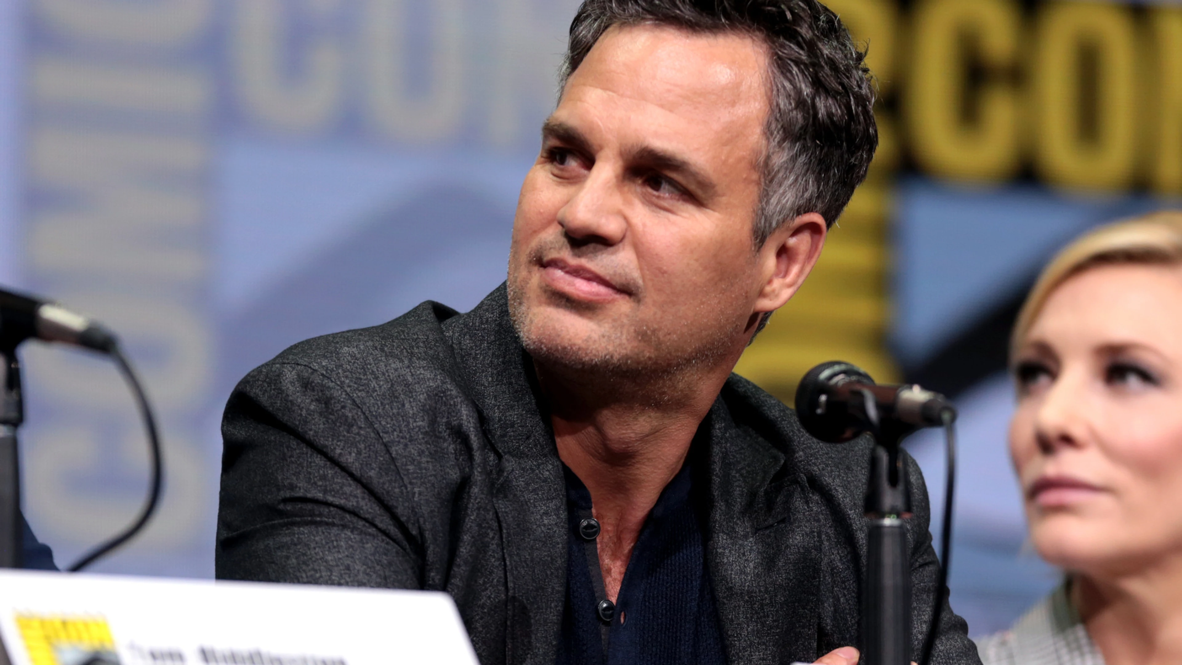Mark Ruffalo listens during a panel at San Diego Comic-Con in 2017.