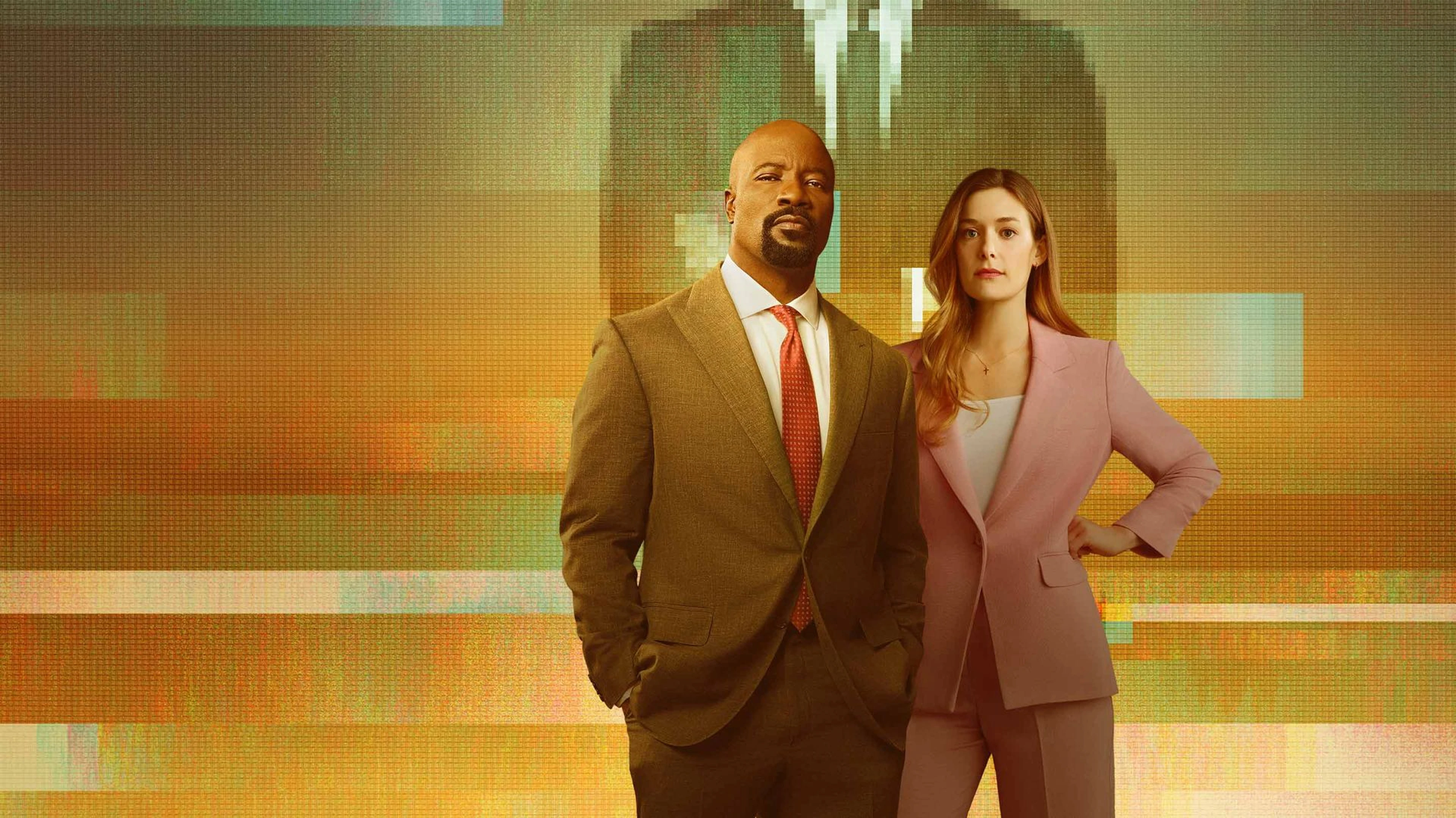 Official Cupertino artwork showing Mike Colter and Rachel Keller in suits against a gold background.