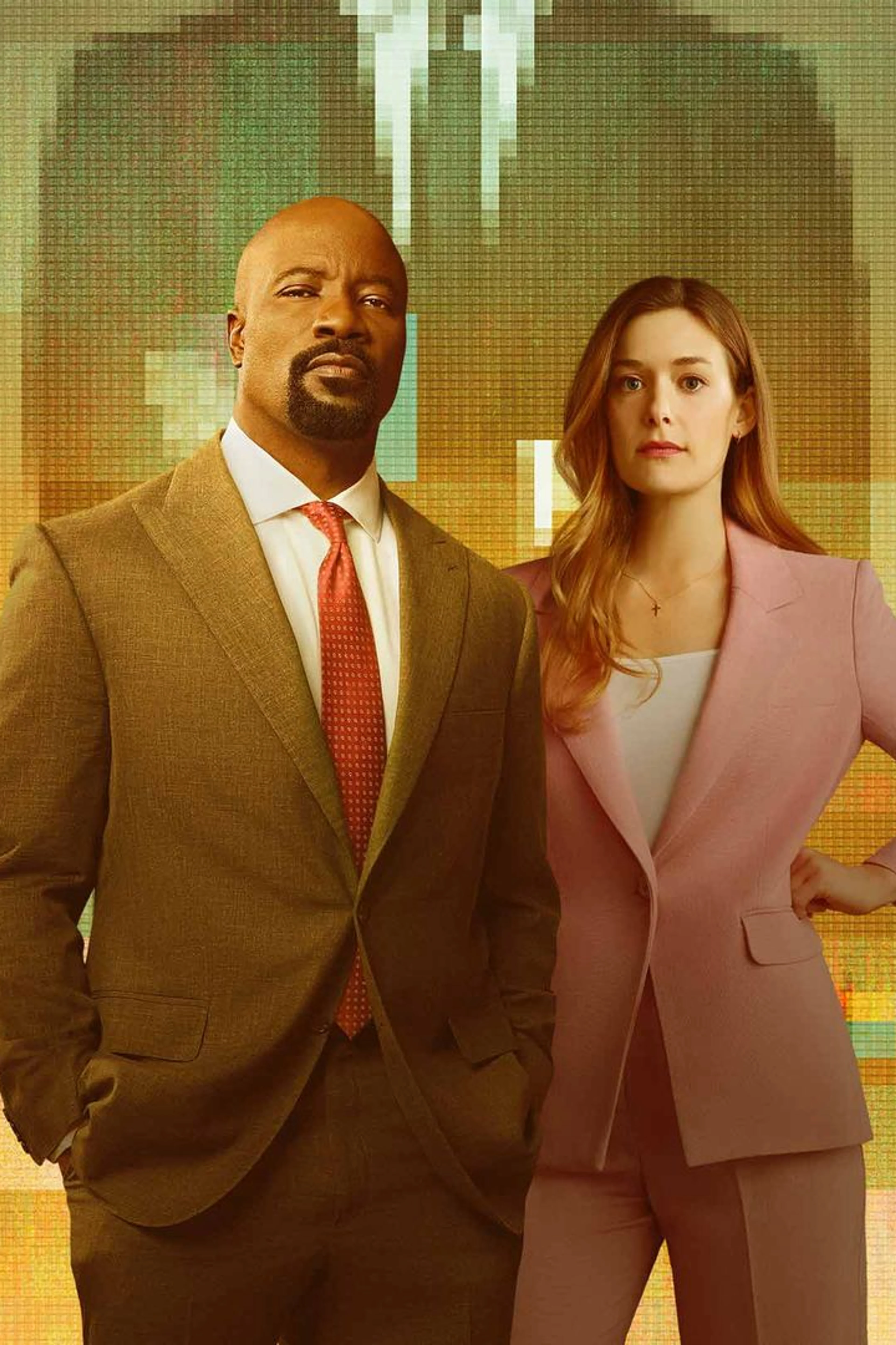 Official Cupertino artwork showing Mike Colter and Rachel Keller in suits against a gold background.