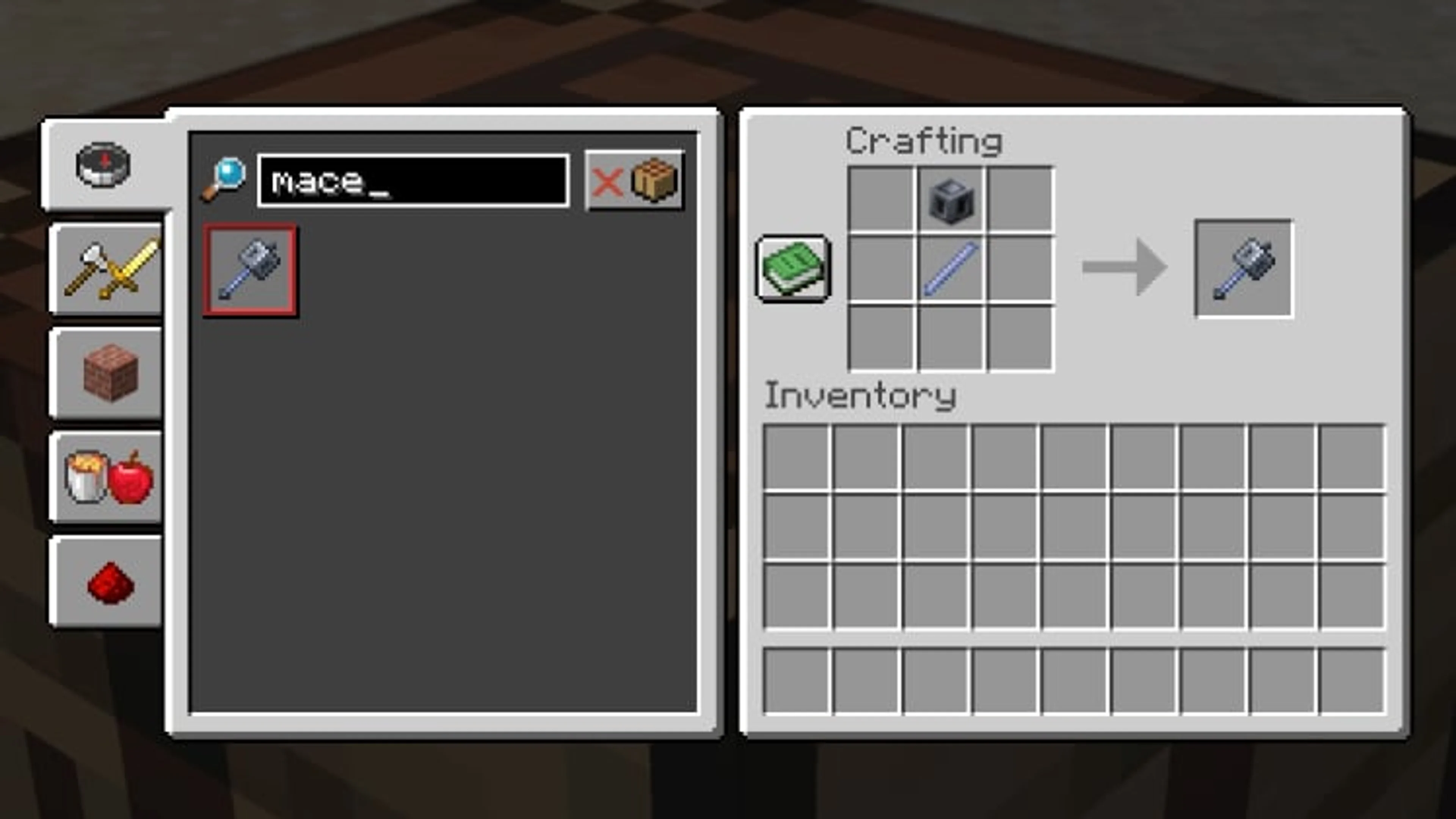 Minecraft crafting grid with a Heavy Core directly above a Breeze Rod, producing one mace.