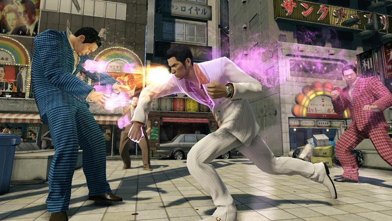 Official SEGA Yakuza 0 gameplay screenshot of Kiryu lunging forward in Rush style, with a purple motion trail beside his quick attack.