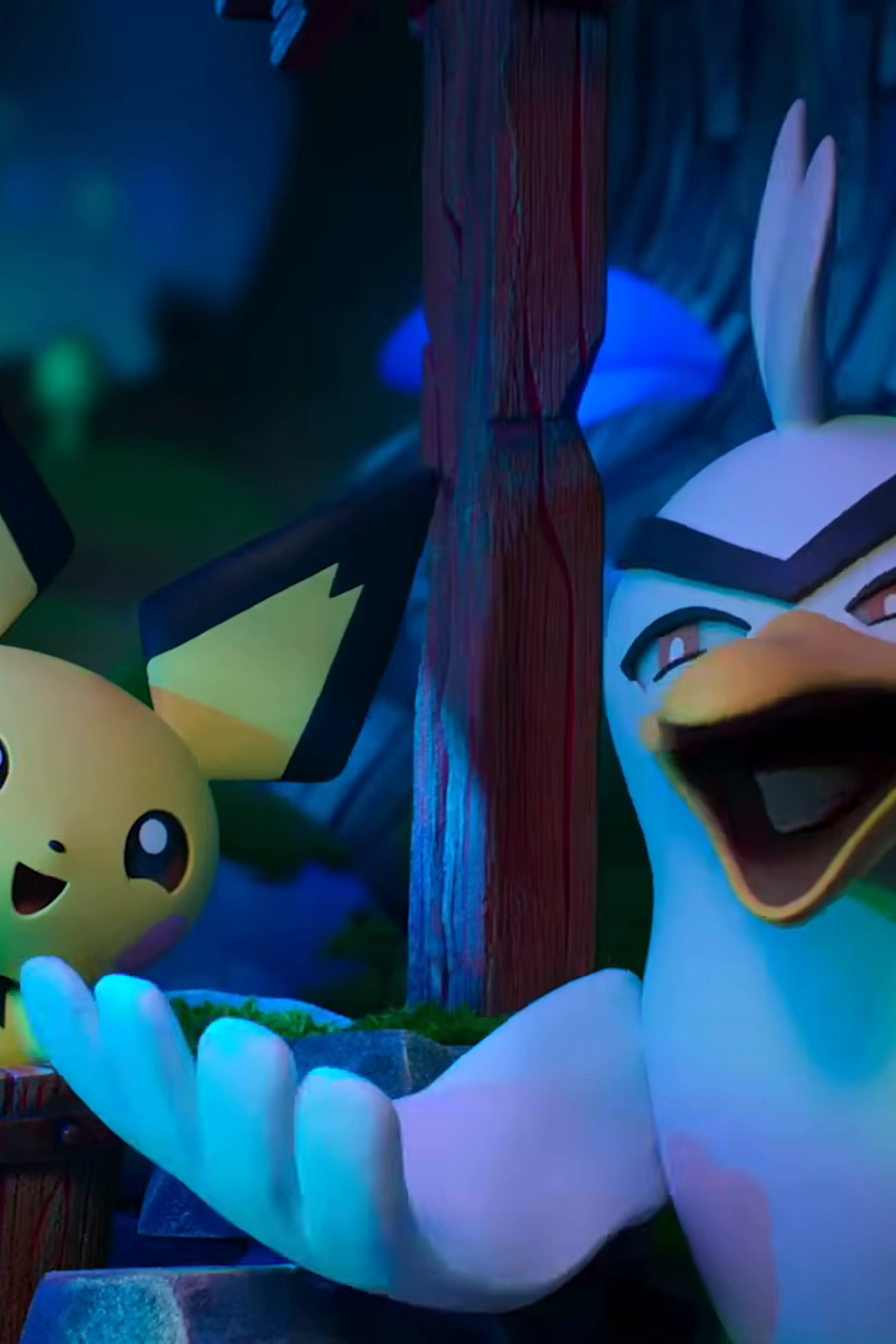 Pichu sits in a wooden tub while Sirfetch’d gestures beside it in Pokémon Tales.