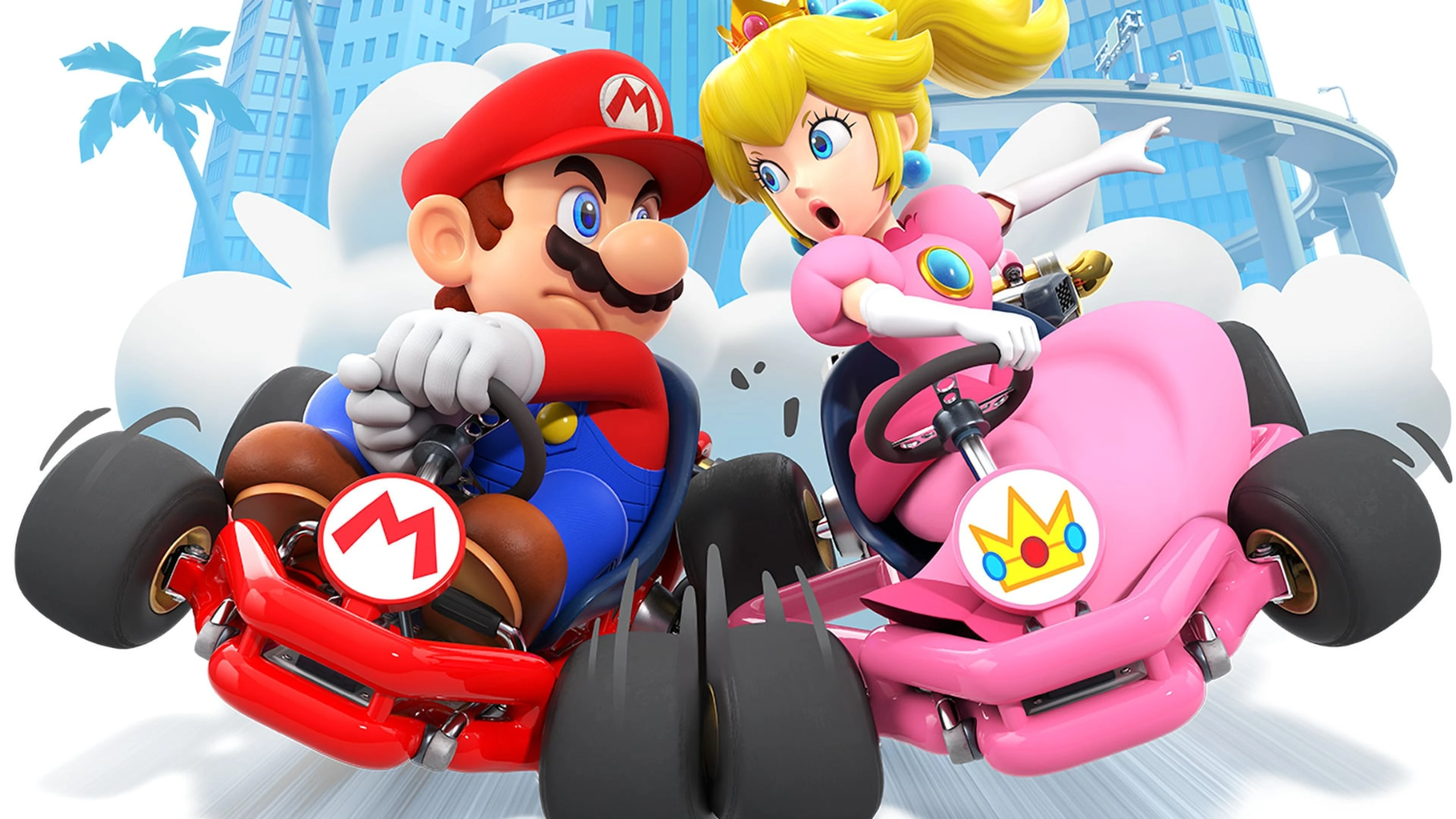 Mario and Peach race karts through a city course in Mario Kart Tour.