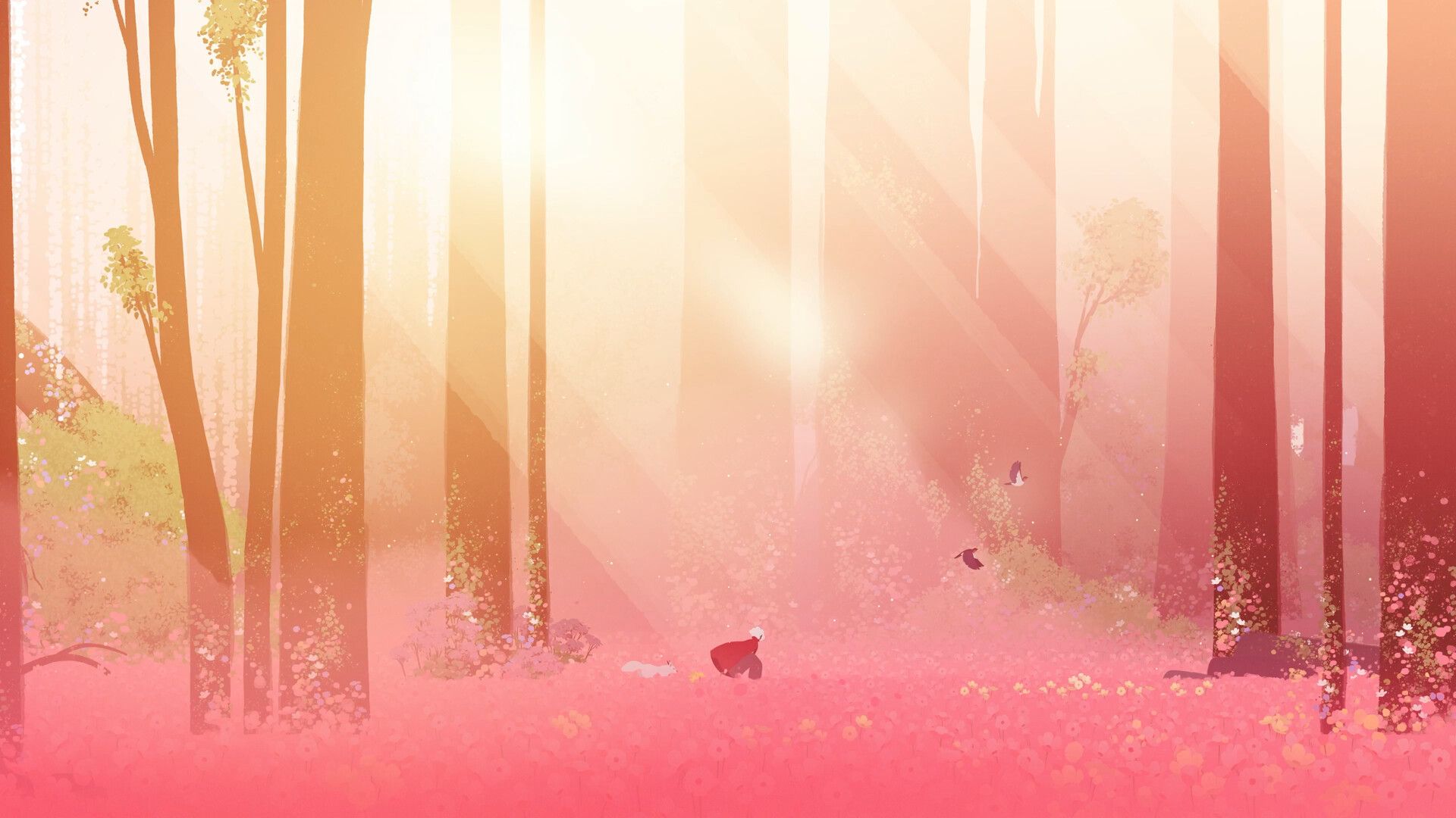 Alba and the wolf walk through pink flowers beneath tall trees in Neva.