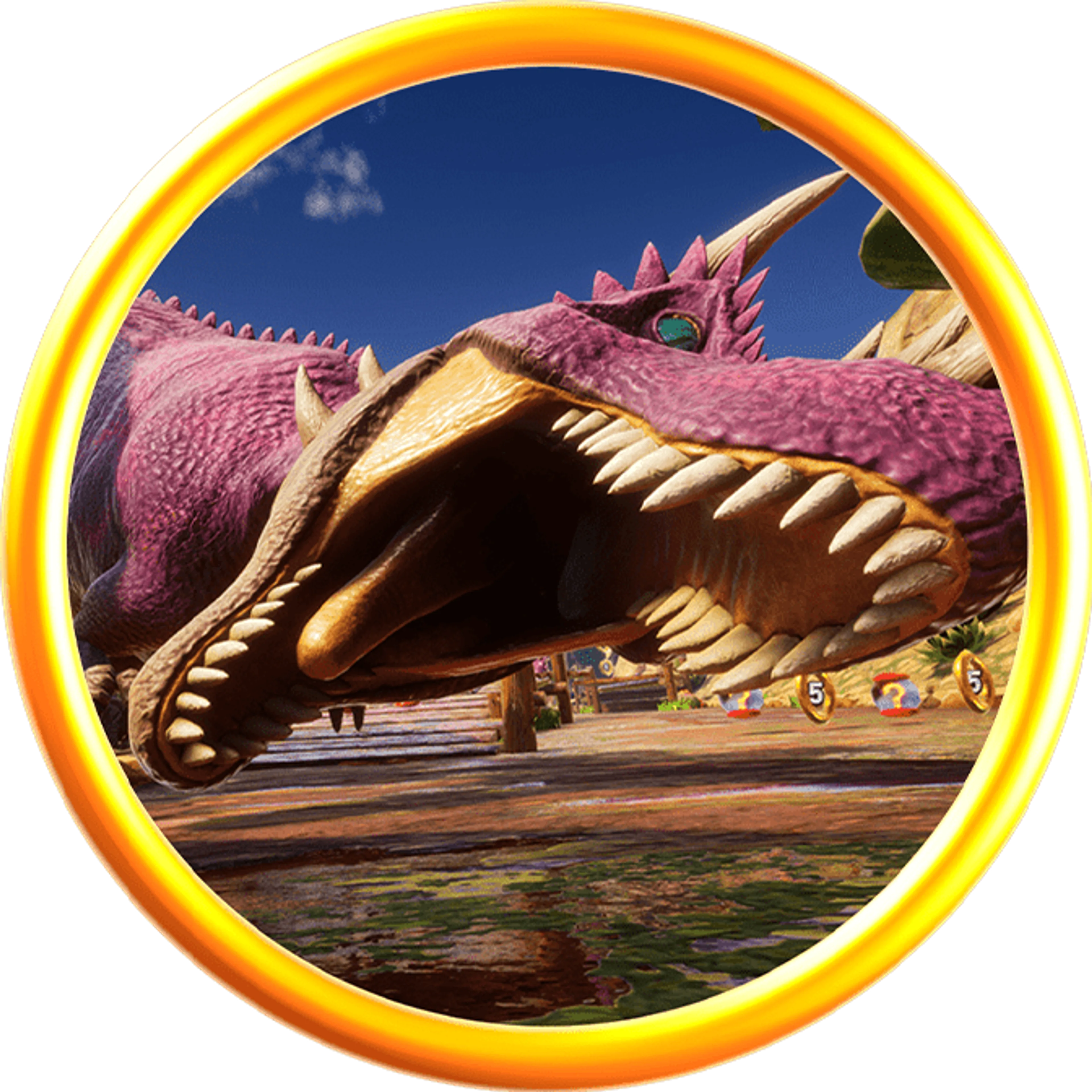Official Sonic Racing: CrossWorlds Travel Ring preview with a purple dinosaur inside a gold circle.