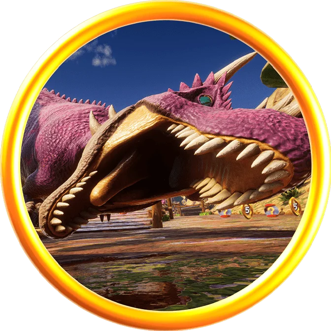 Official Sonic Racing: CrossWorlds Travel Ring preview with a purple dinosaur inside a gold circle.
