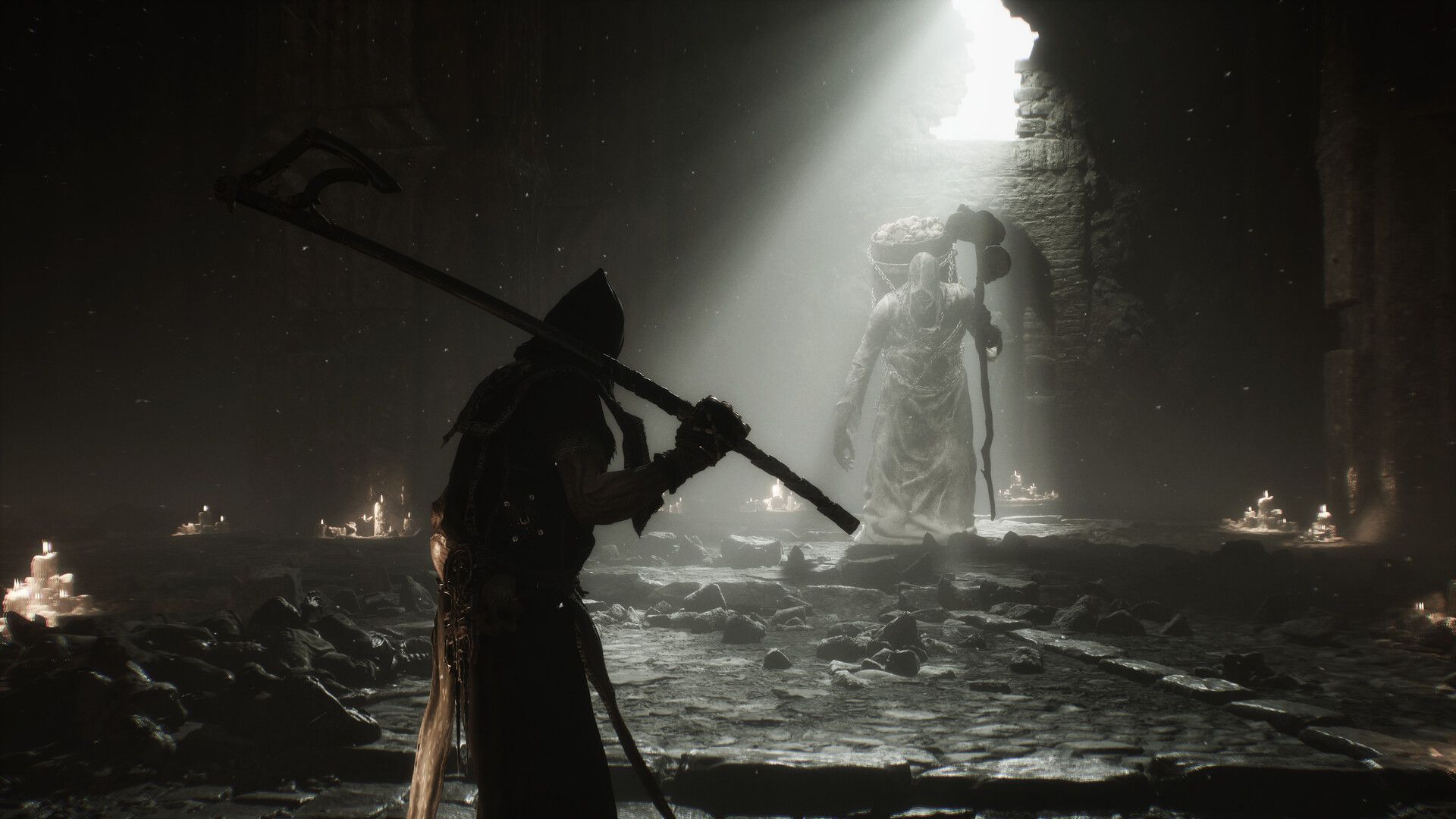 An armored warrior confronts a pale figure in a candlelit cavern in Mortal Shell II.
