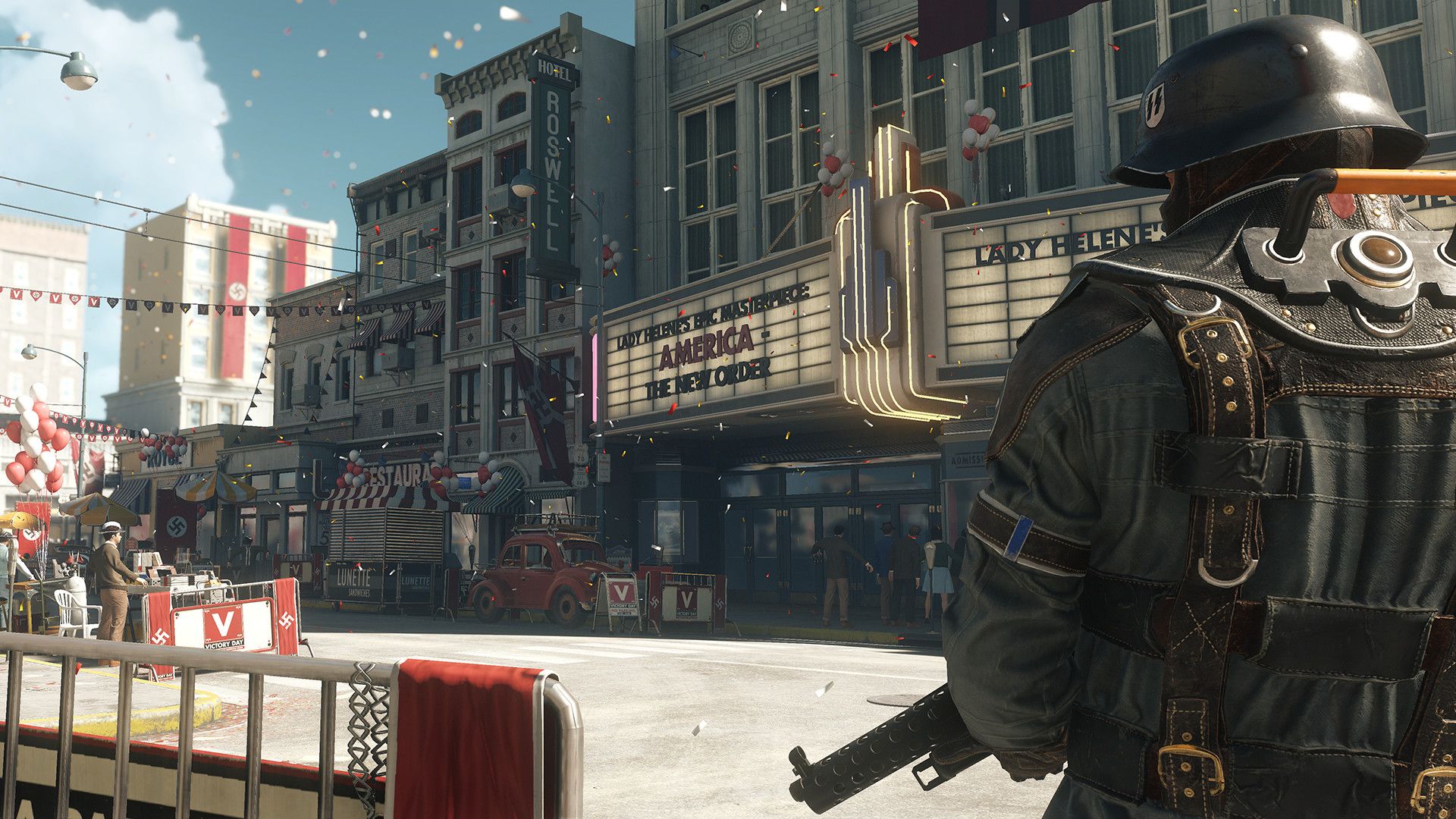 An armored soldier stands beside a town street decorated with Nazi occupation banners.