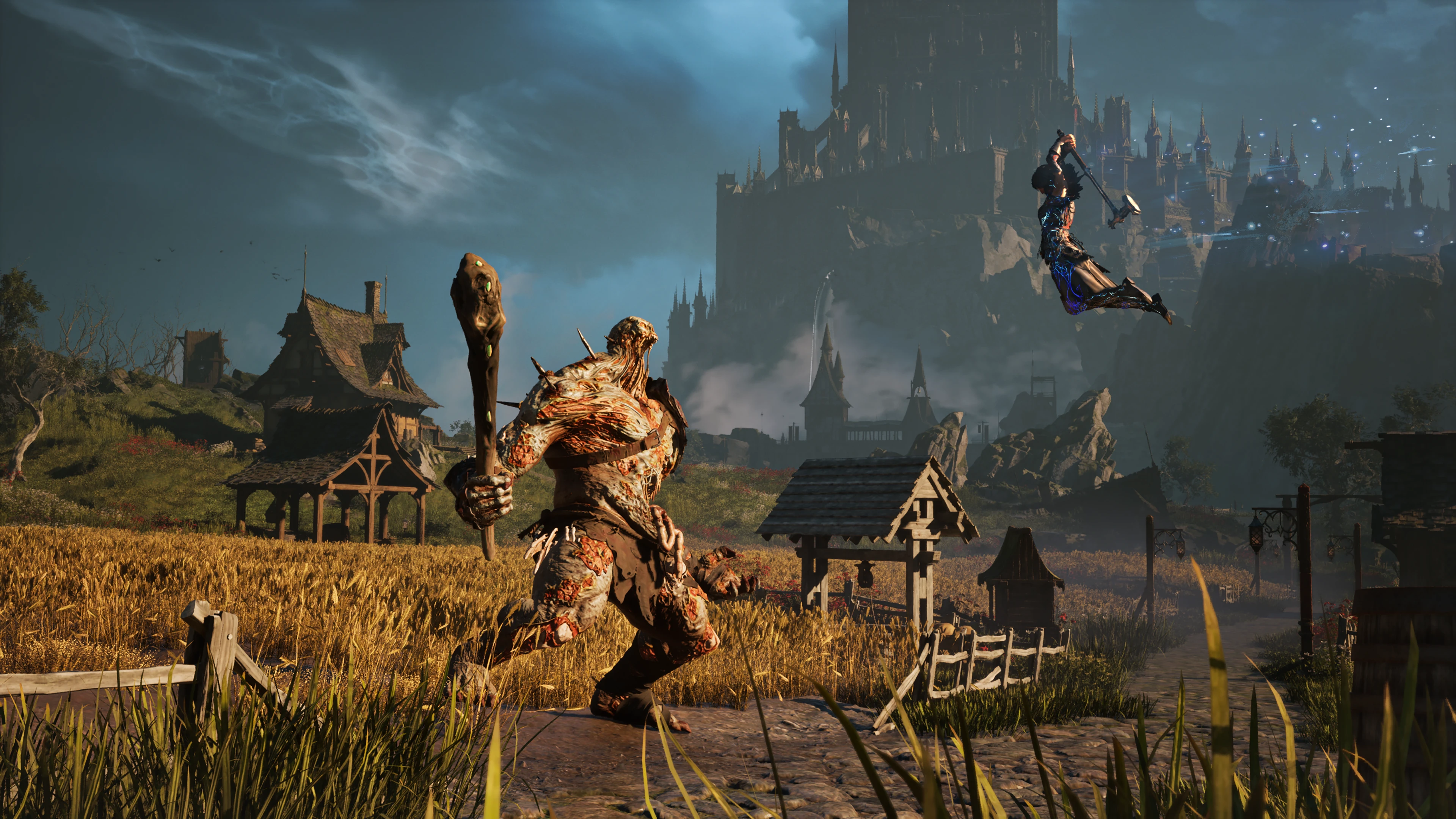 Kaatri swings a summoned weapon above a hulking monster in a field below a dark fantasy castle in Warlock: Dungeons & Dragons.