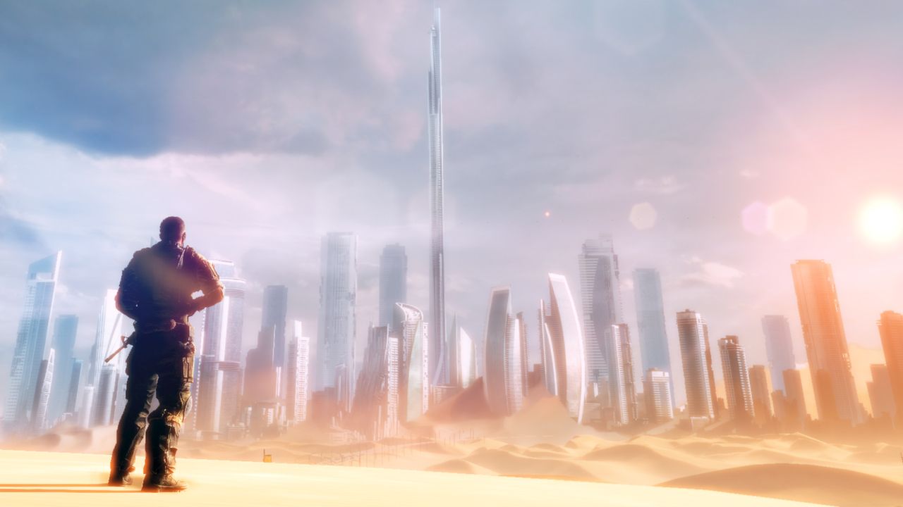 Sand-covered Dubai skyline and ruined roads in Spec Ops: The Line.