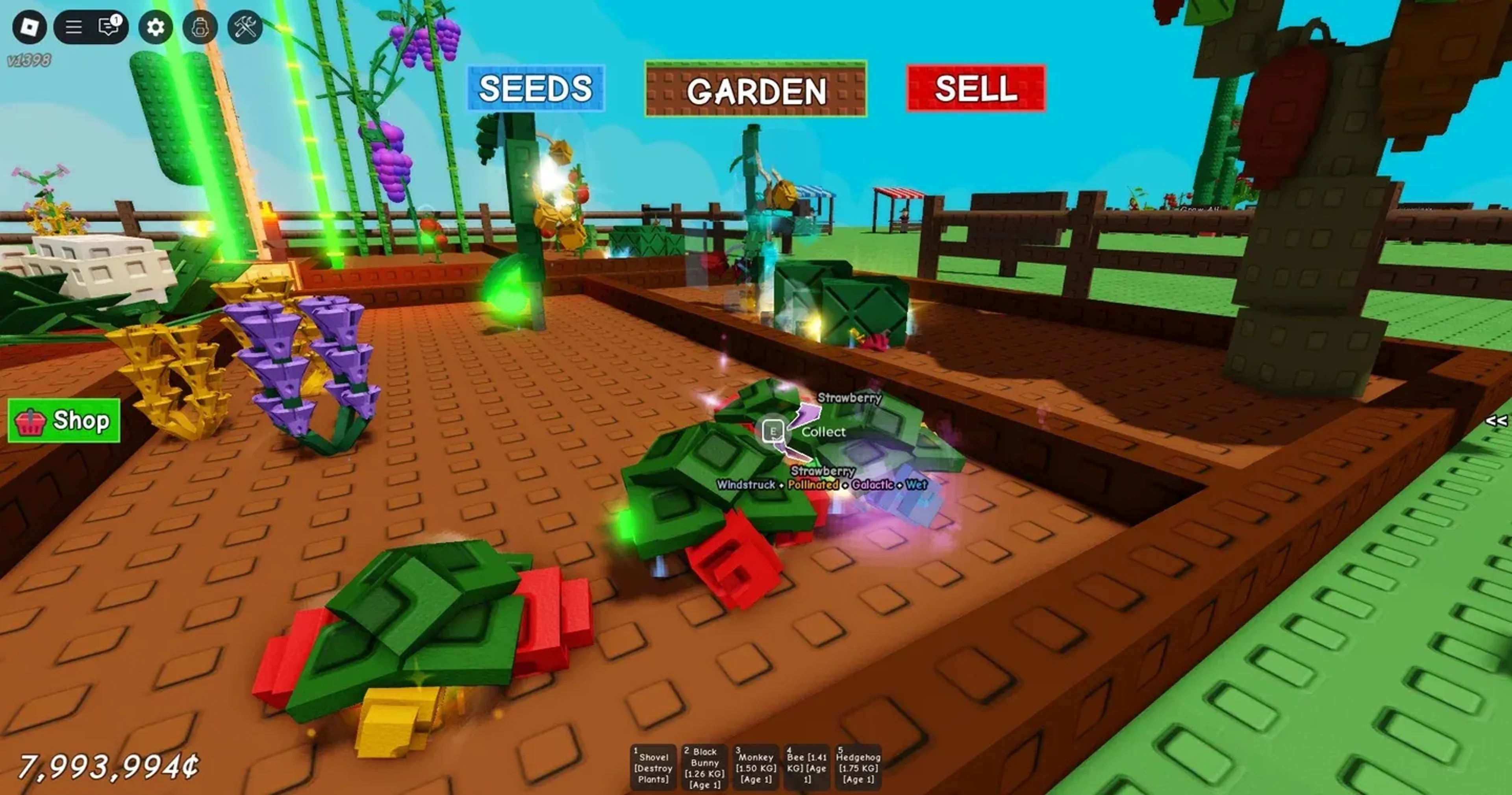Several glowing mutated crops lying inside a Grow a Garden 2 plot.