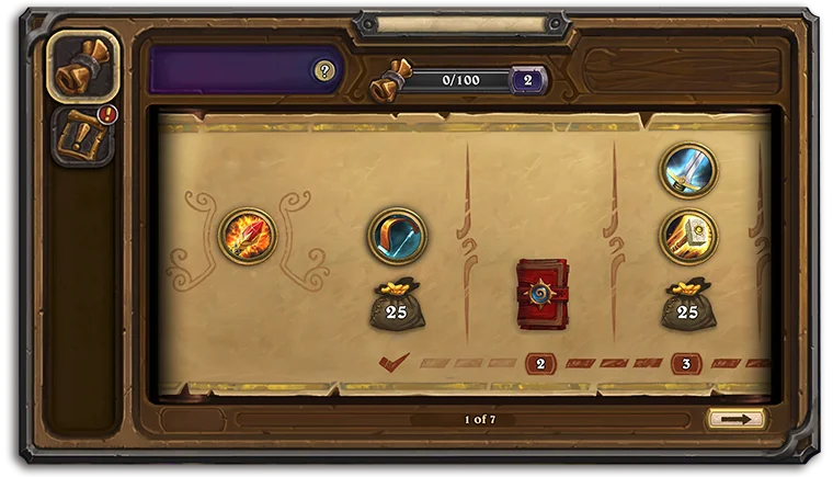 Official Hearthstone Apprentice Track screen: a 0/100 progress counter sits at top, a row of reward symbols crosses the center, and a page arrow is at lower right.