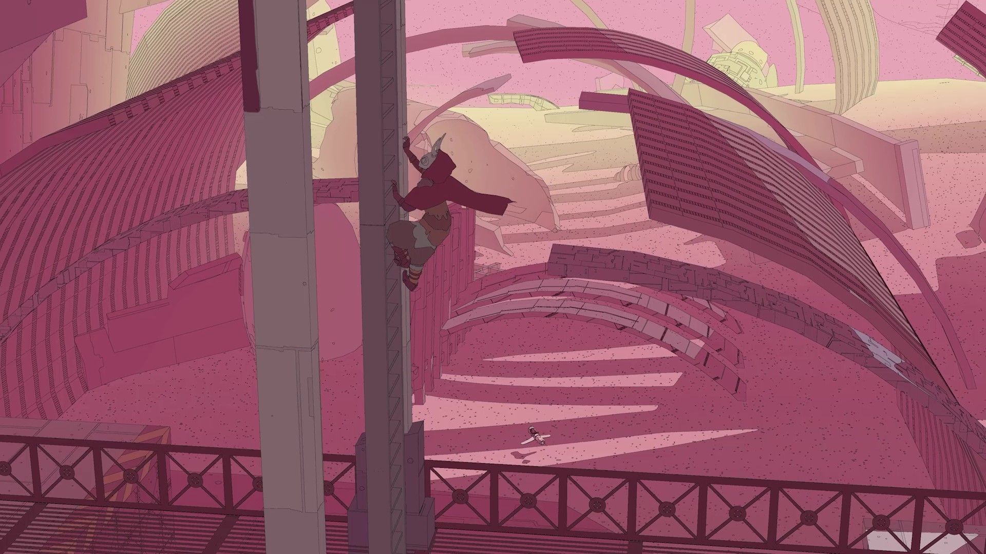 Sable climbs the curved ribs of a large pink structure.