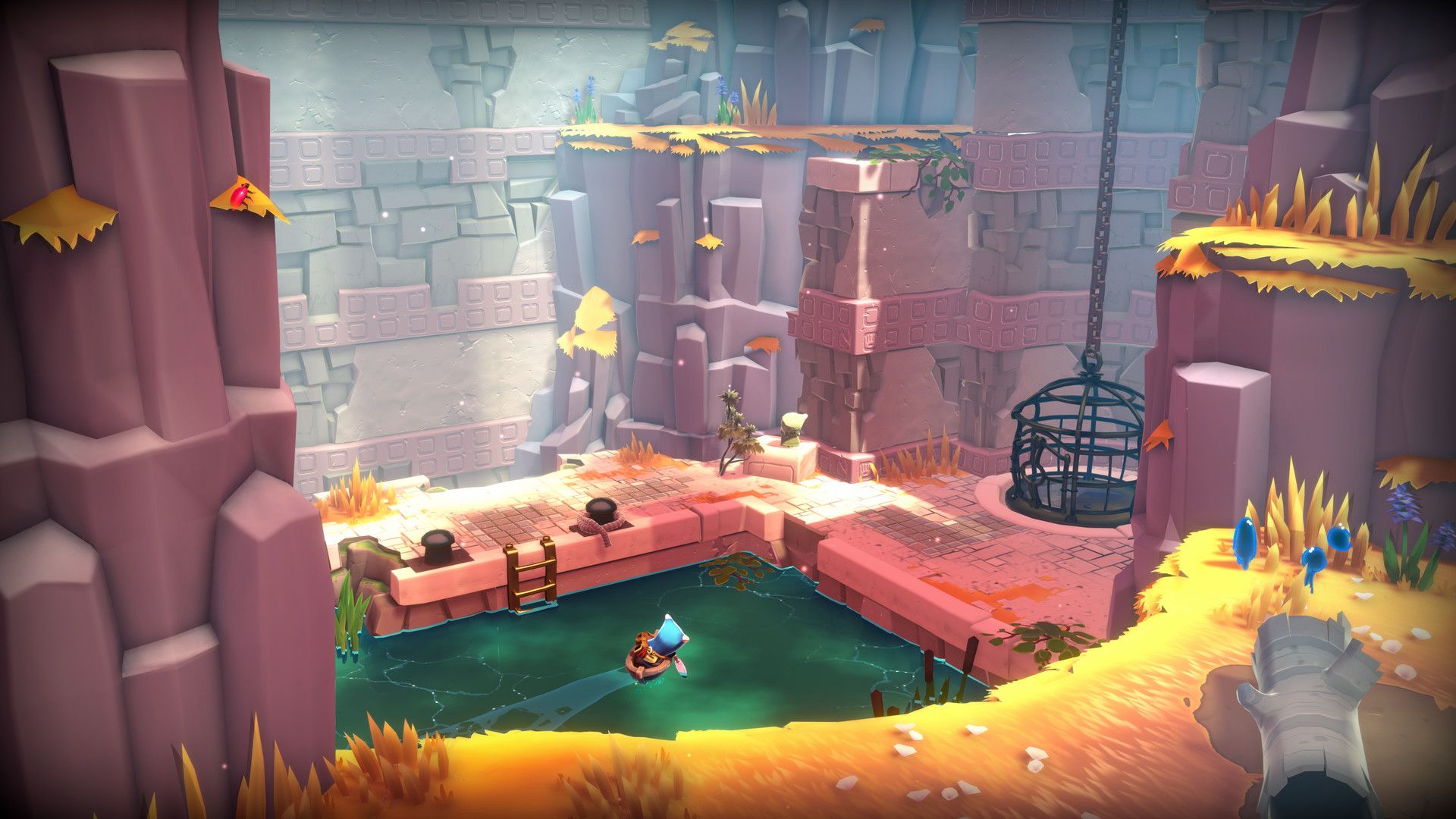 Ember paddles a small boat between stone walls and wooden platforms.