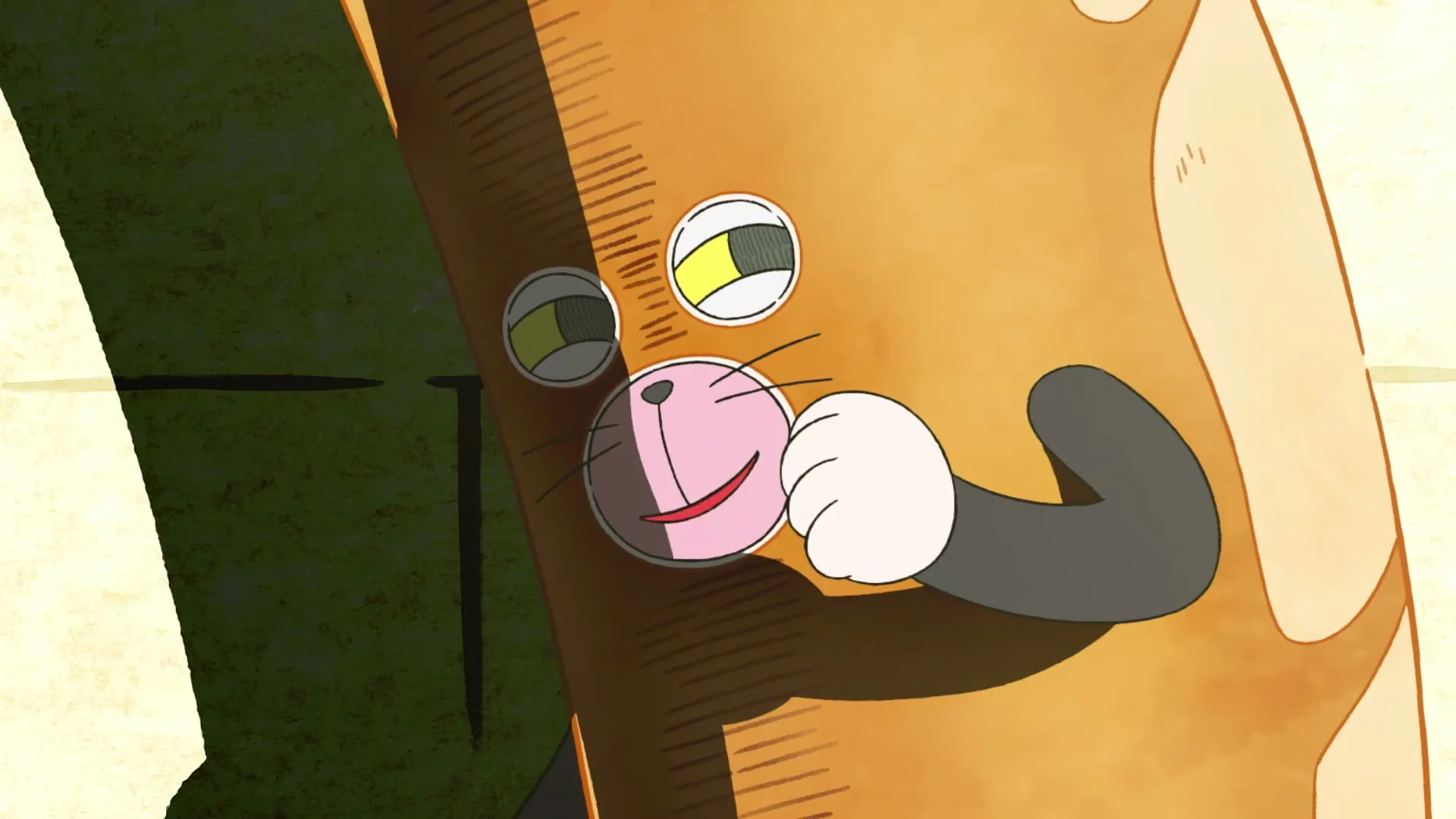 The Bread Thief peeks out from behind a wall with a sly expression.