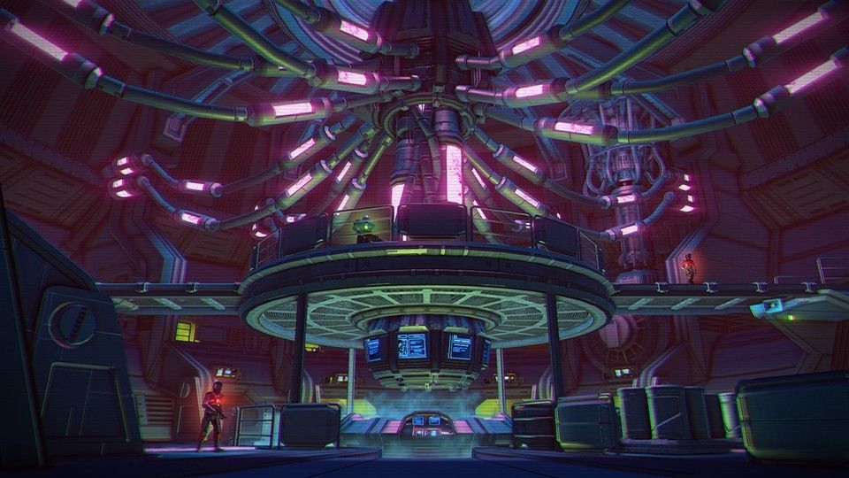 A large laboratory glows purple and blue around a central machine.