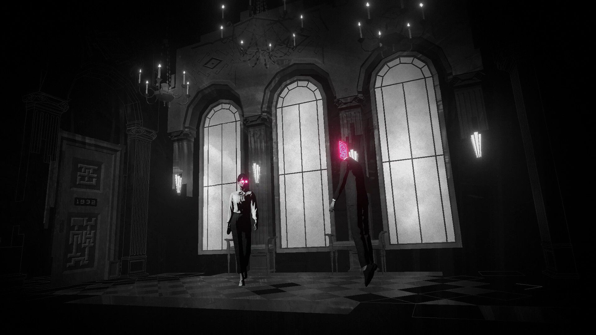 The woman stands in a black-and-white hall with tall windows and a floating figure marked by pink-red light.