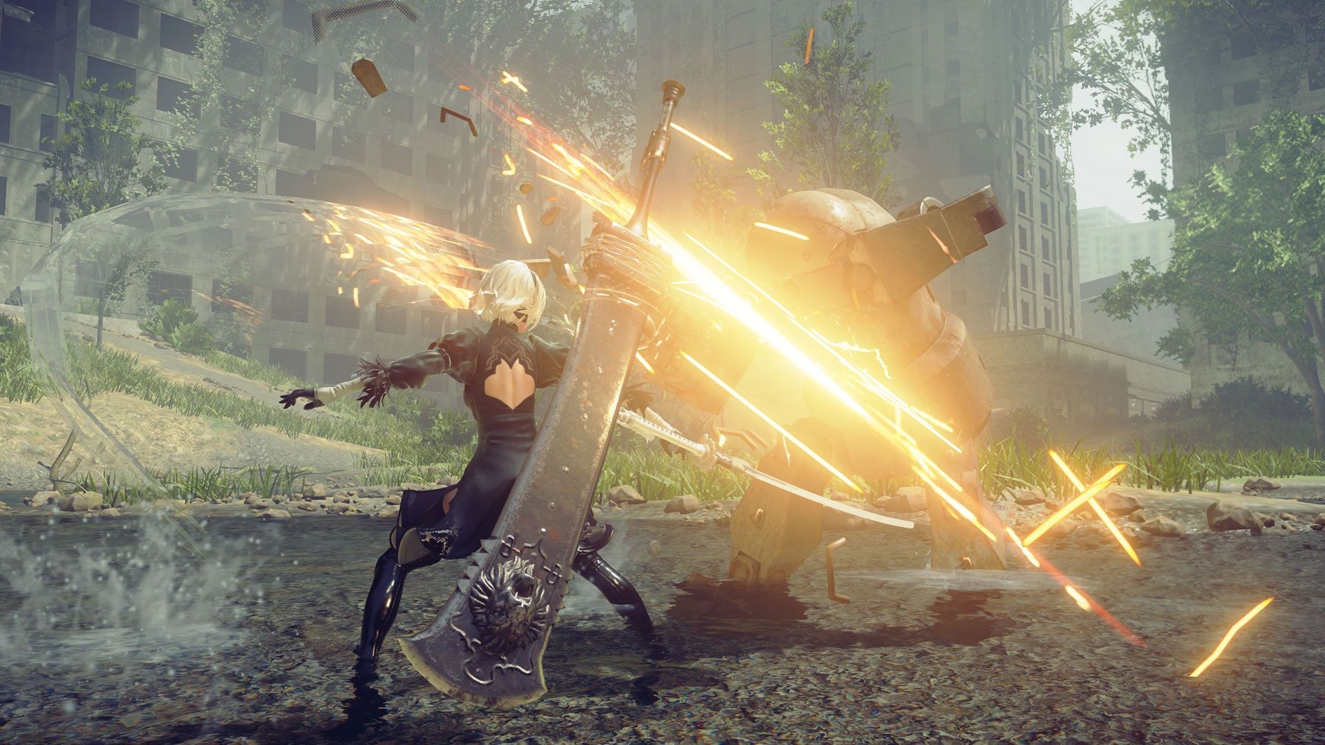 2B strikes a machine in a forest with bright sparks around her sword.
