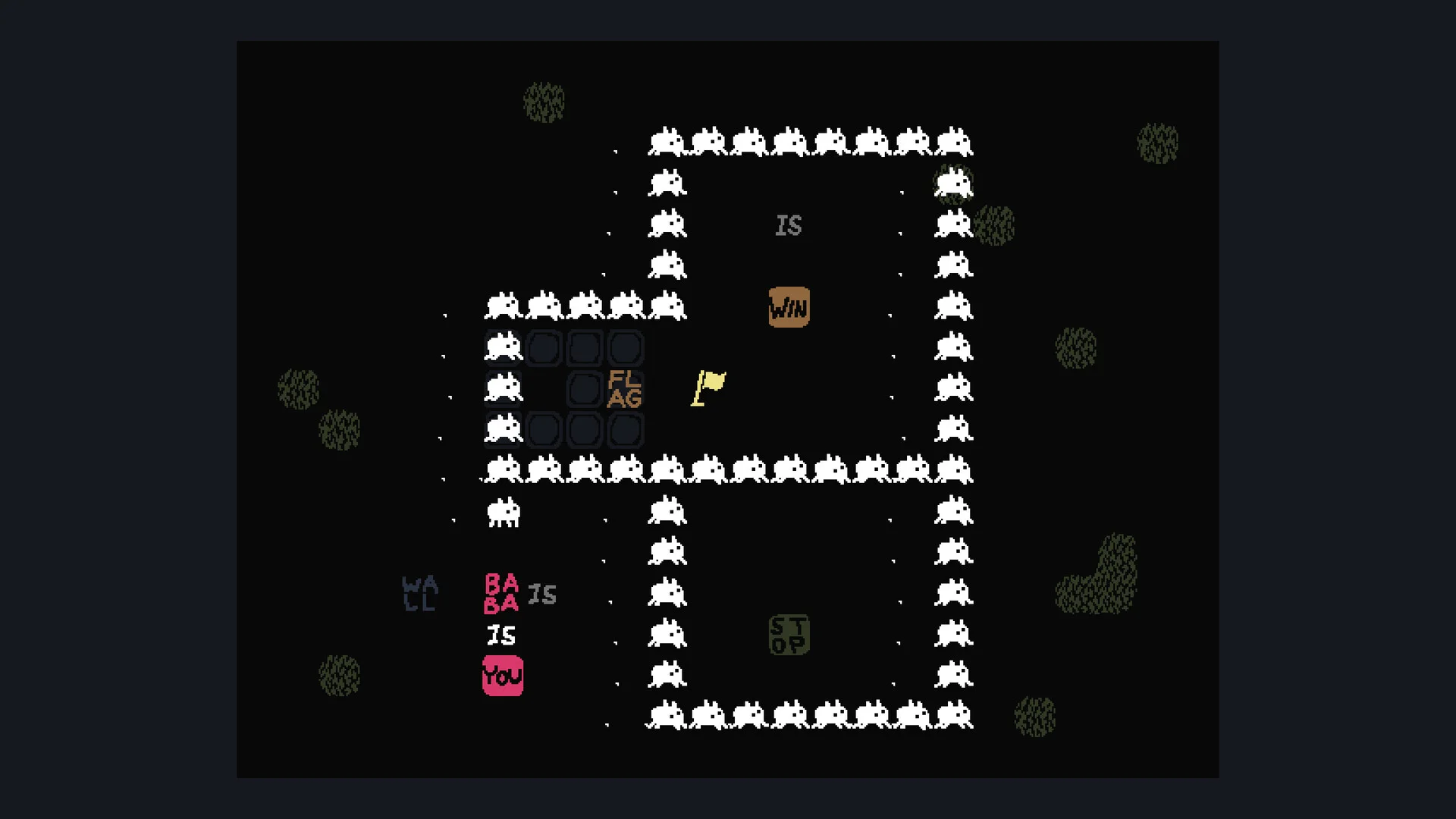 A black maze is outlined by many white Baba characters; a vertical BABA IS YOU sentence sits near the lower left beside loose word blocks and a yellow flag.