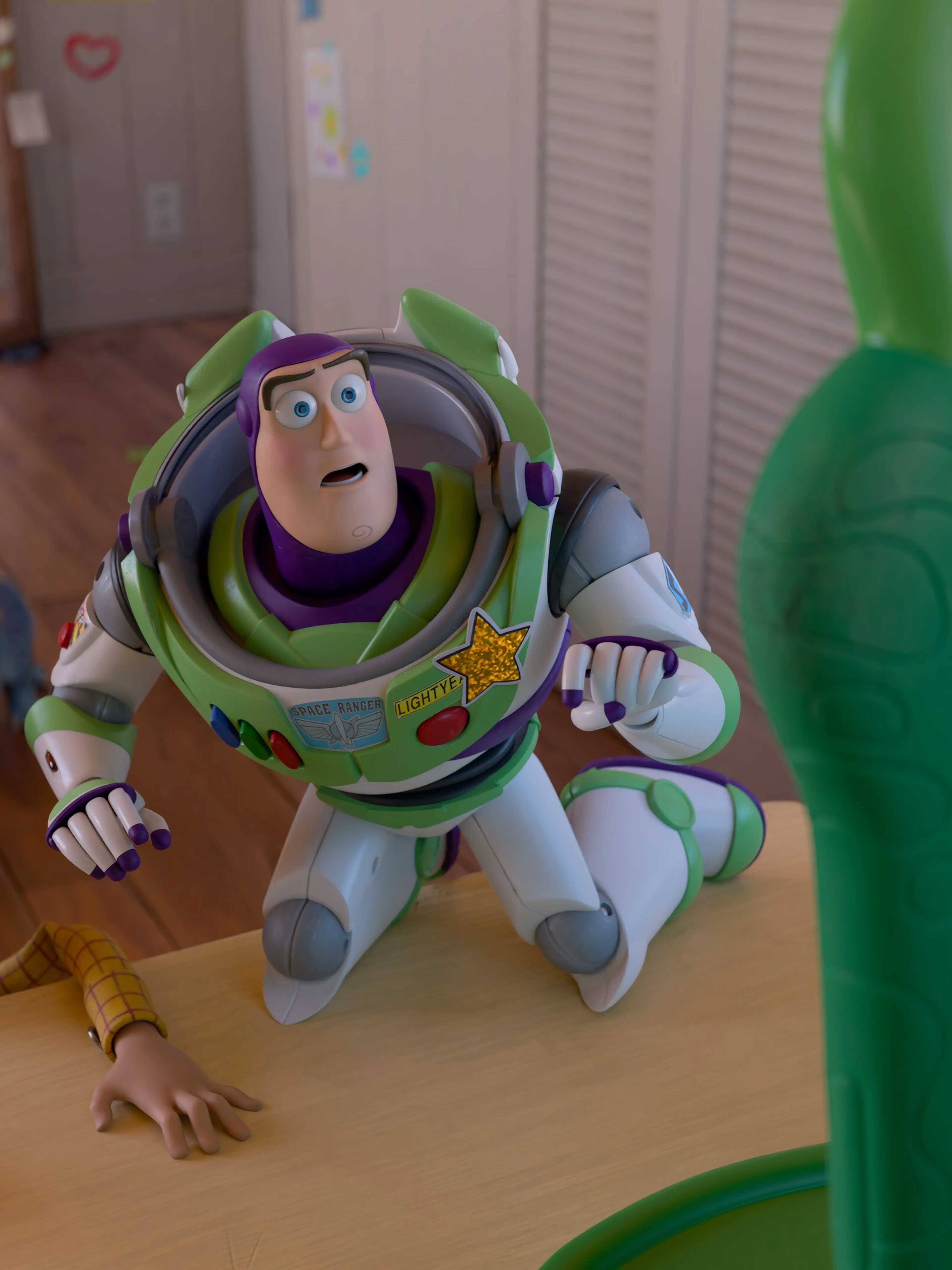 Woody and Buzz Lightyear react to Lilypad in Toy Story 5.