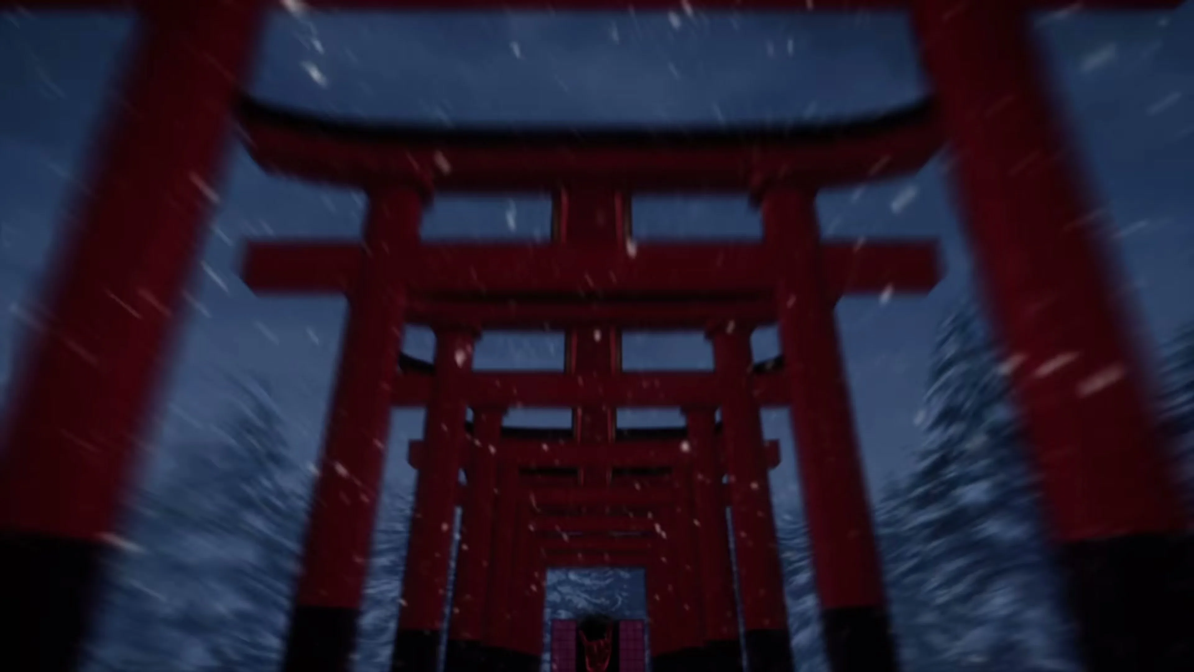Snow falls over a row of red shrine gates in Tougen Anki.