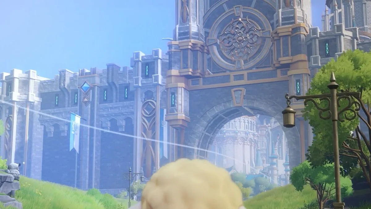 A Wooly walks toward the gates of Rune Factory 6's large new city in clean work-in-progress footage.