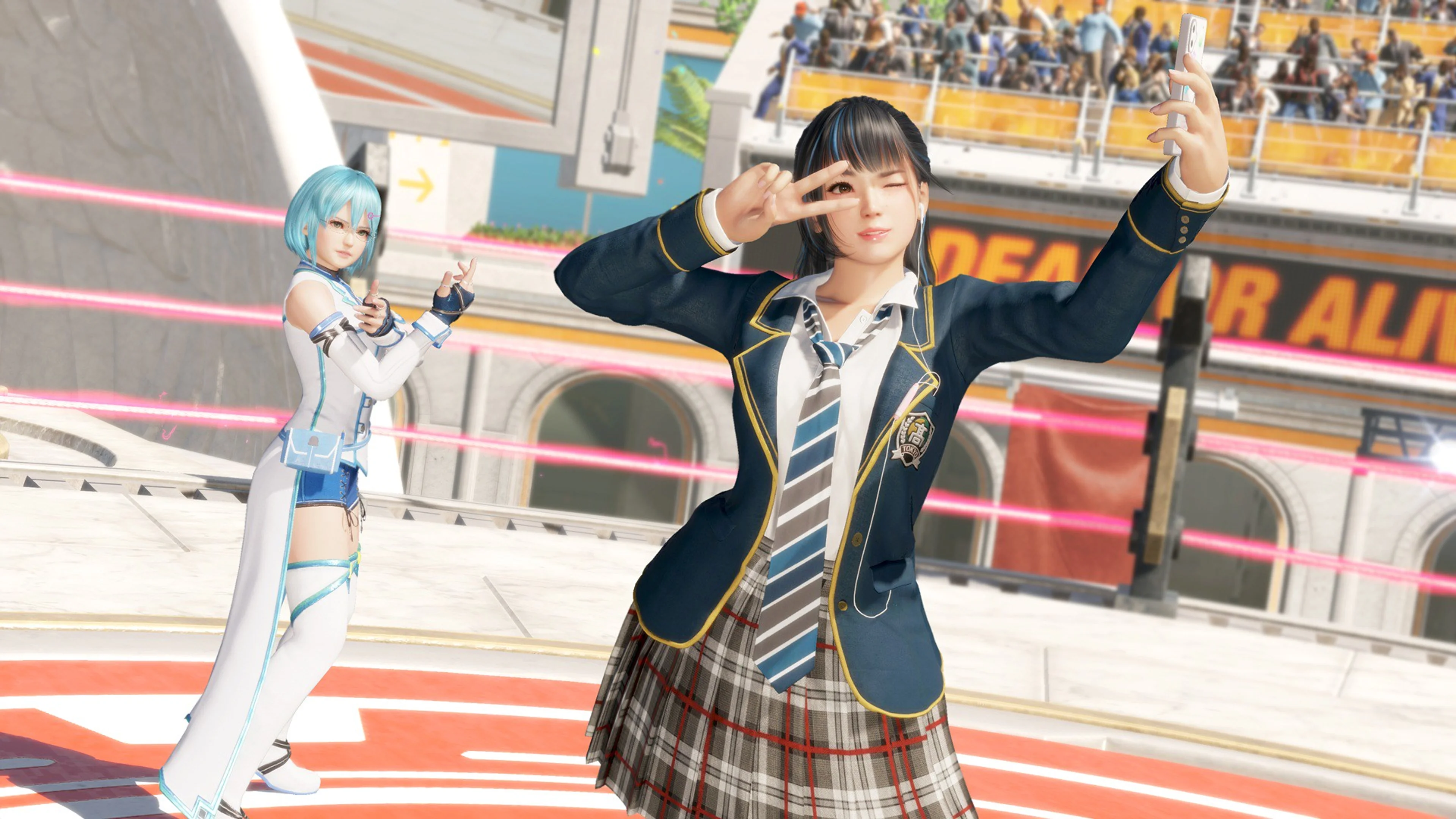 Minato makes a cheerful dance pose during a Dead or Alive 6 Last Round match.