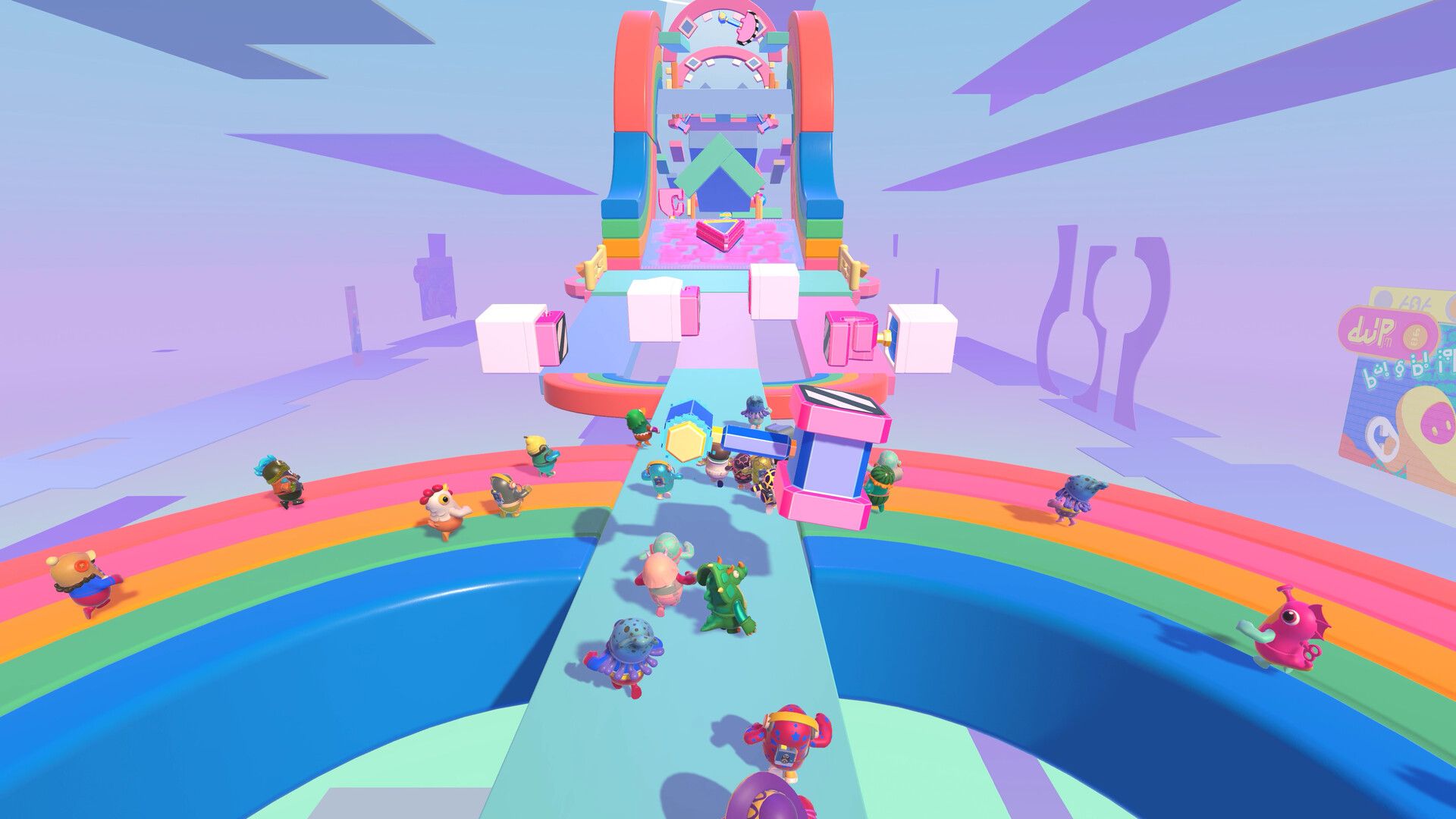 A crowd of colorful Fall Guys characters moves through a crowded course.
