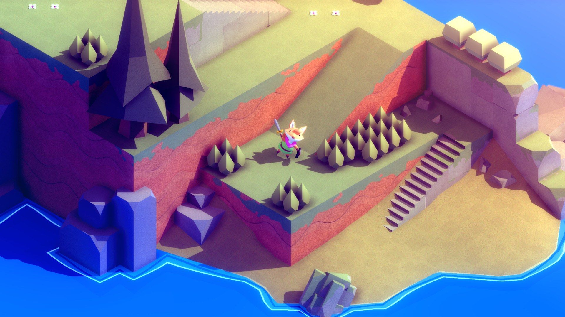 The fox explores a bright island with stairs and stone ruins.