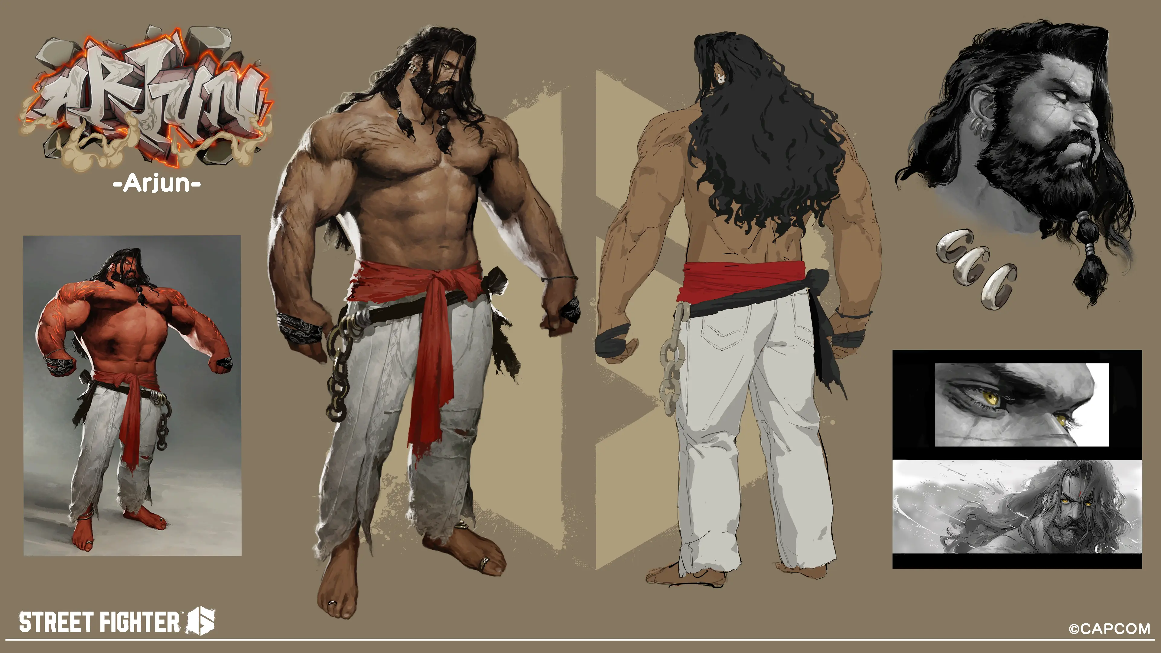 Arjun character-design sheet with front and back outfit views, face studies and hand details.