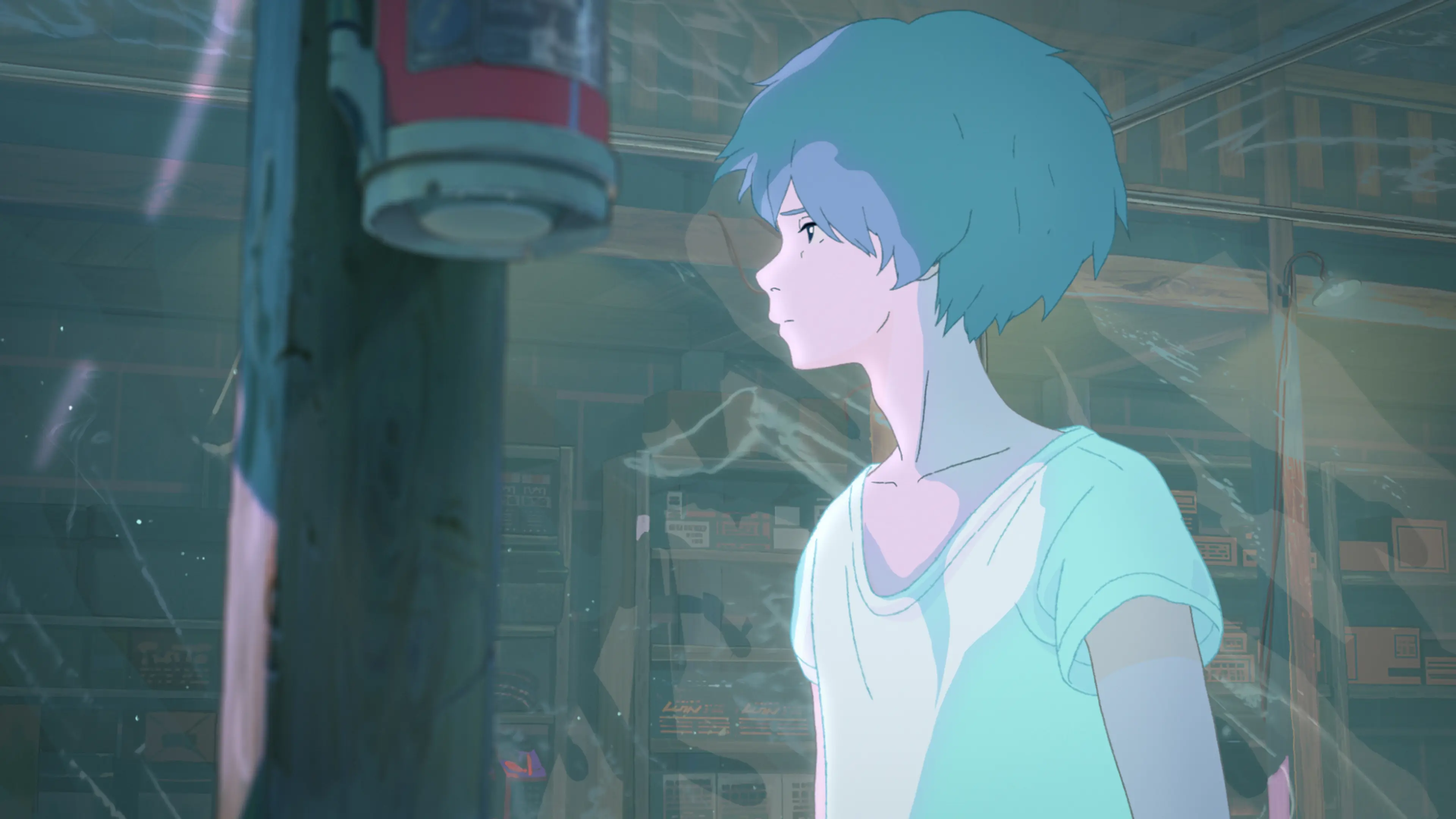 Kaoru stands in profile inside the workshop among boxes and hanging wires.